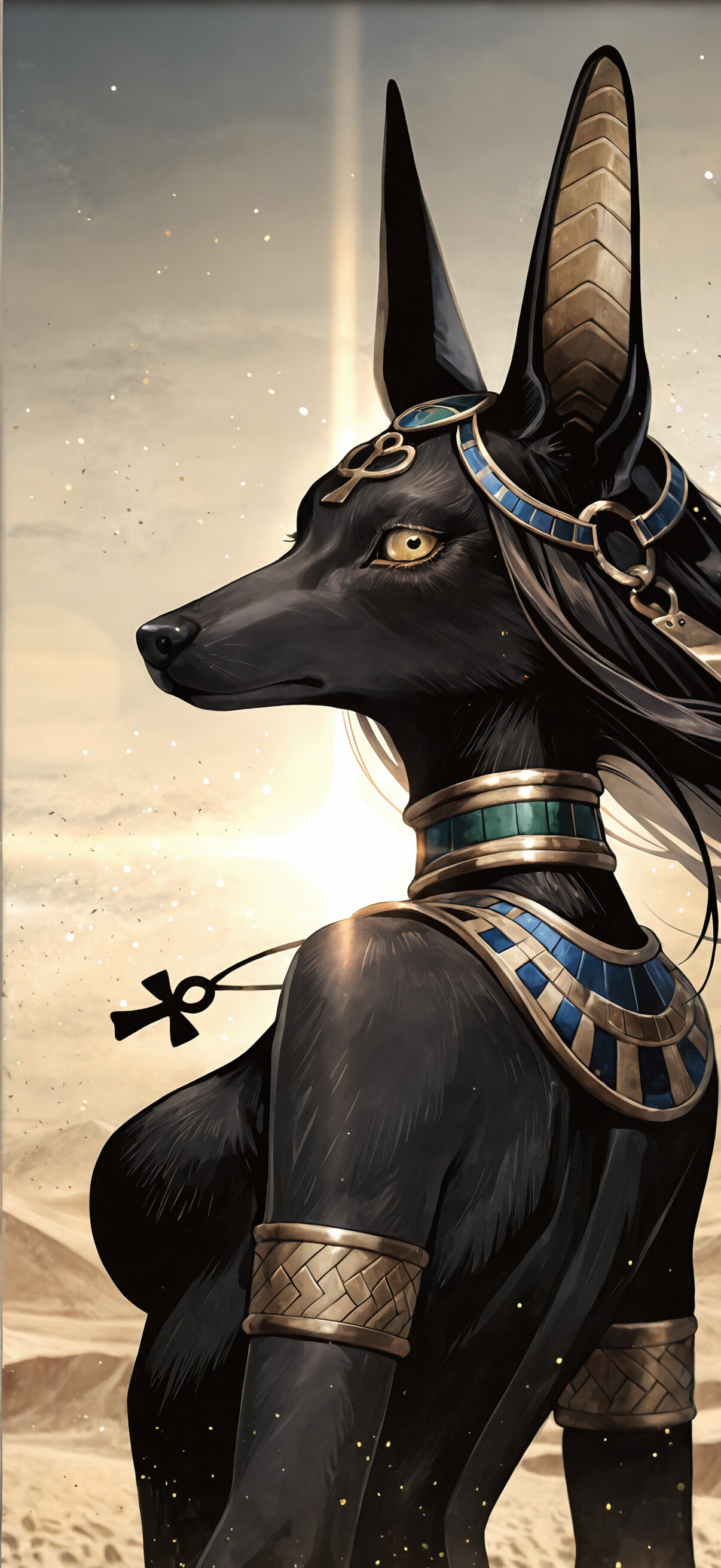 A digital illustration of a female anthropomorphic Anubis with black skin, short black hair, and large jackal ears, wearing Egyptian jewelry and looking over her shoulder in a sunny desert.