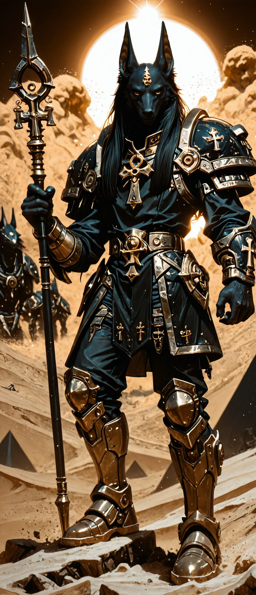 A full-length illustration of the Egyptian god Anubis with a jackal head, wearing intricate black and gold futuristic armor. He is holding a large, ornate spear and standing in a desert landscape with a large pyramid behind him under a bright sun.