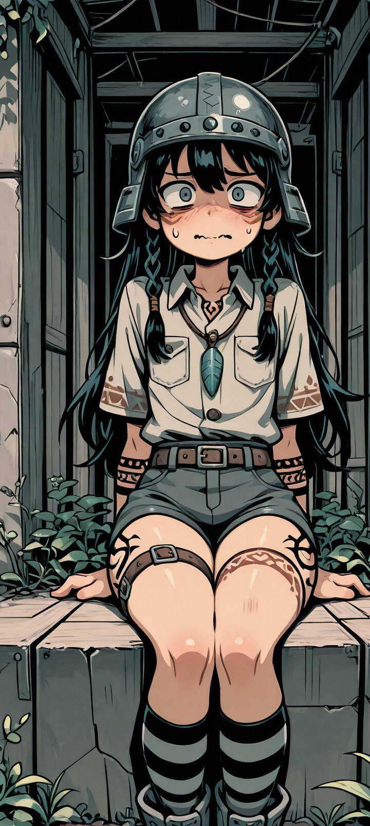 A young anime character with black braids, a helmet, and tribal tattoos sits in a doorway, hugging their knees with a scared and anxious expression on their face.