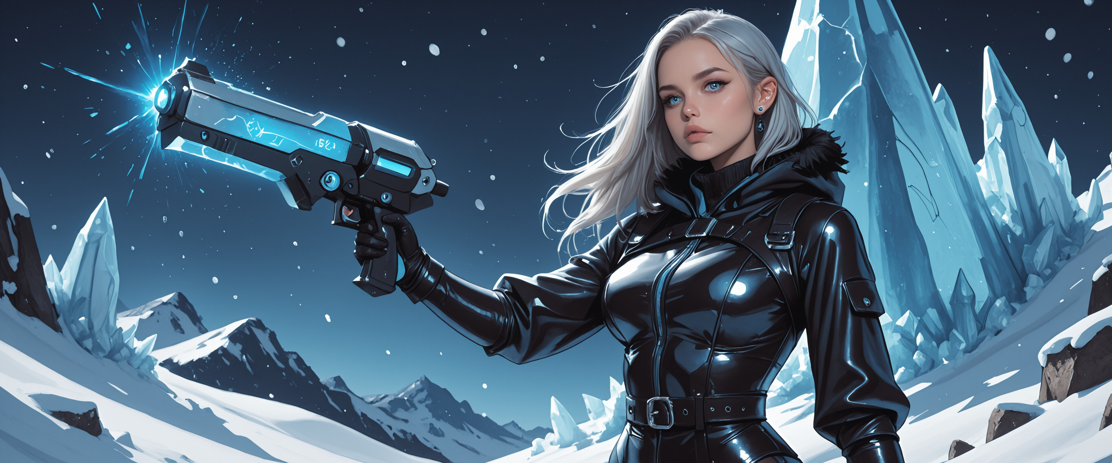 A female sci-fi character with long silver hair and bright blue eyes, wearing a tight black leather suit and holding a large, glowing blue plasma pistol in a snowy mountain environment.