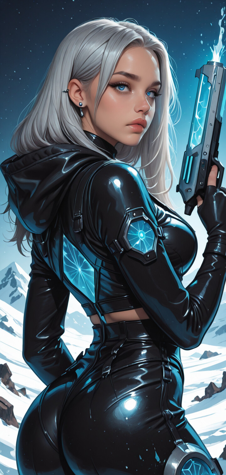 A digital illustration of a woman with long silver hair and blue eyes in a tight black leather suit, holding a glowing blue futuristic pistol in a snowy, icy mountain setting.
