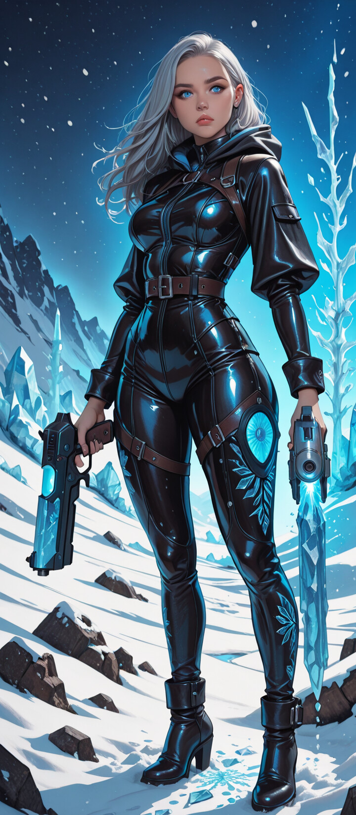 A full-body illustration of a woman with long silver hair and ice wings, wearing a tight black leather suit and holding a glowing blue pistol in a snowy, mountainous landscape.