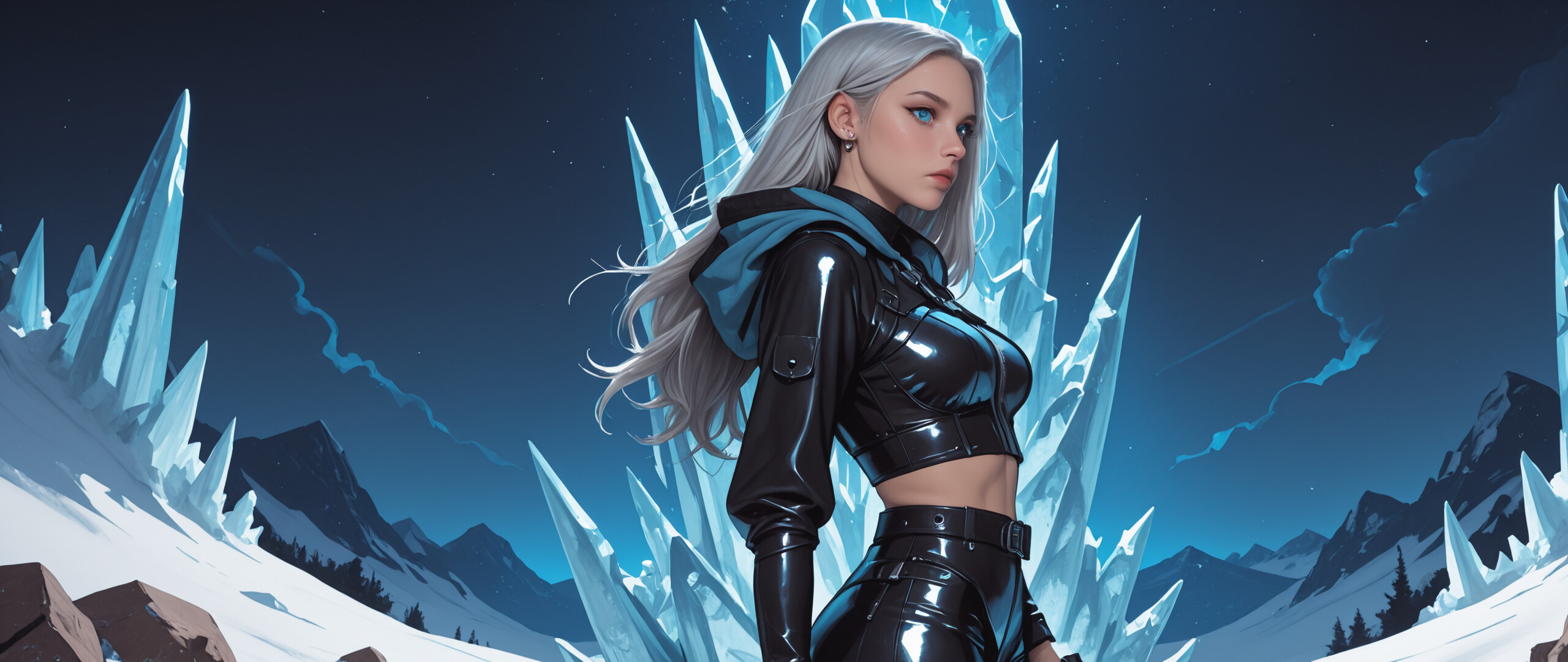 A digital illustration of a powerful woman with long silver hair and blue eyes, wearing a tight black leather outfit and holding a glowing blue ice pistol in a snowy mountain environment at night.