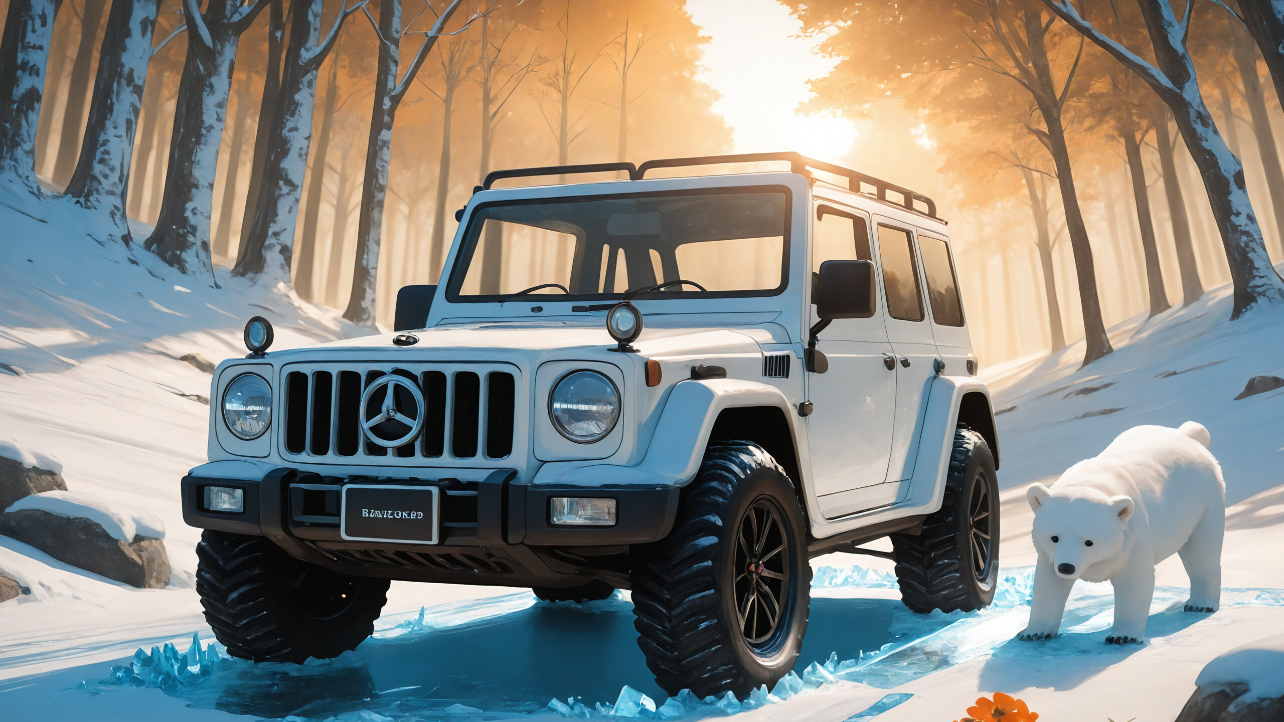 A white off-road vehicle with a small polar bear cub on its roof is parked in a snowy landscape by a frozen river during a golden sunrise, with orange flowers in the foreground.