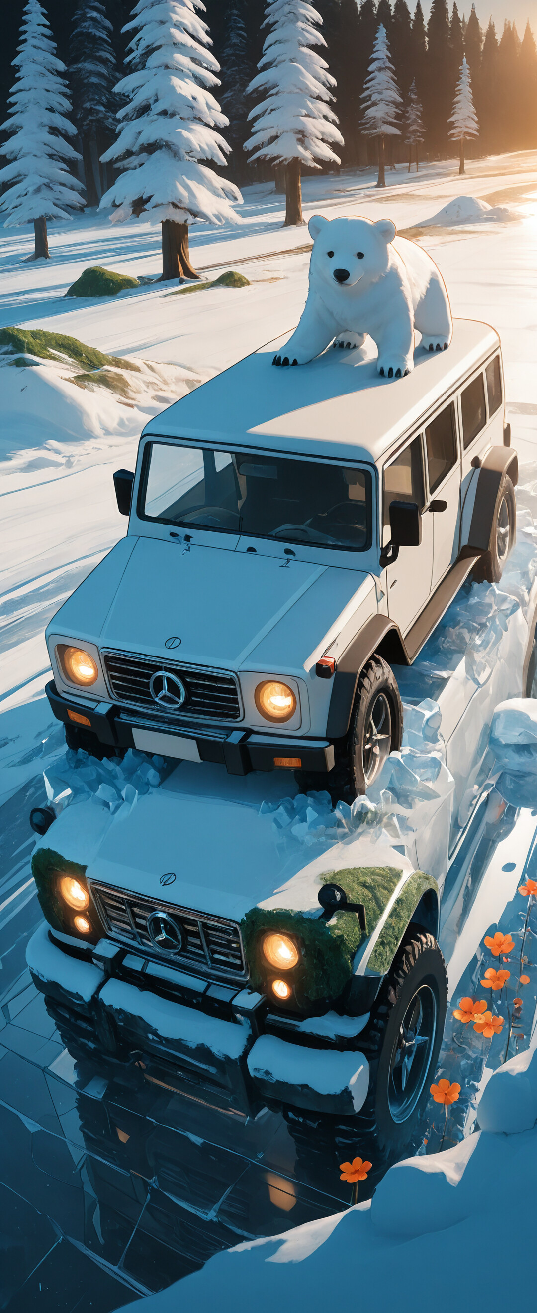 A white off-road vehicle with a small polar bear cub on its roof is parked in a snowy landscape by a frozen river during a golden sunrise, with orange flowers in the foreground.