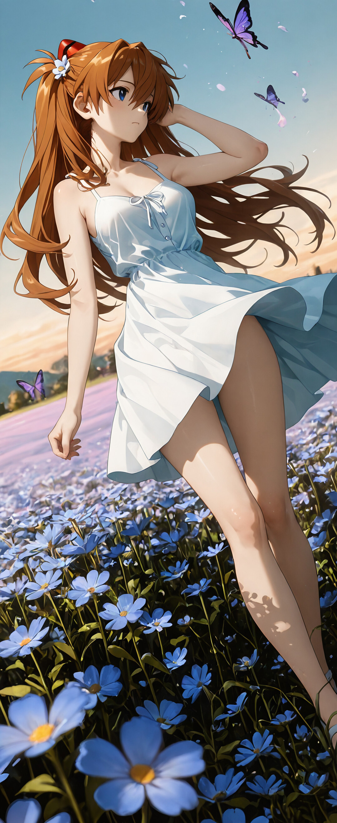 A full-body illustration of the anime character Asuka Langley Soryu from Neon Genesis Evangelion, standing in a field of yellow flowers. She is wearing a flowing white sundress, and her orange hair is blowing in the wind as she looks to the side. A blue butterfly is perched on her finger.