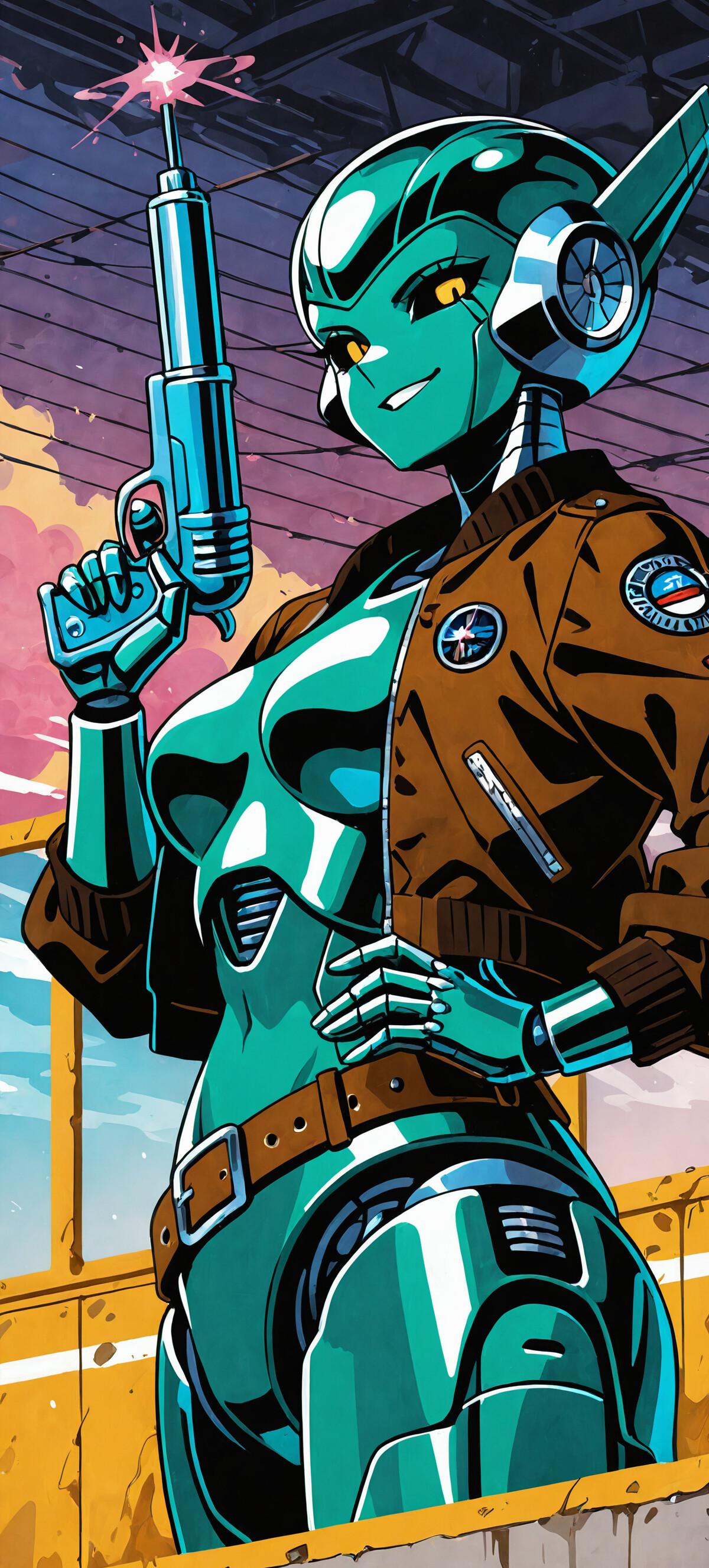 A retro-style illustration of a female robot pilot with a green metallic body, wearing a brown bomber jacket and holding a silver ray gun while smirking confidently.