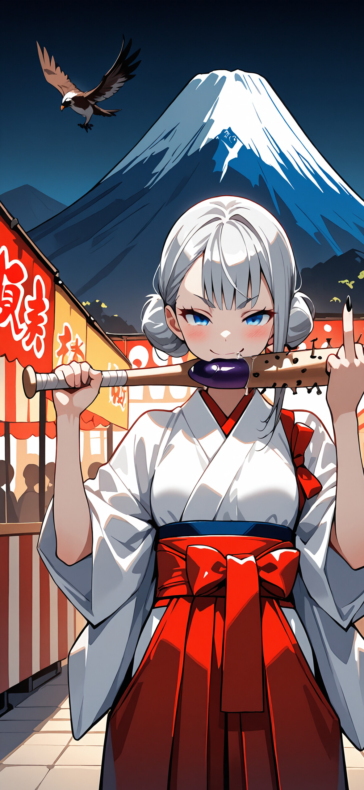 An anime girl with silver hair in a hakama at a Japanese festival, holding a spiked bat, biting an eggplant, and giving the middle finger, with Mount Fuji and a hawk in the background.