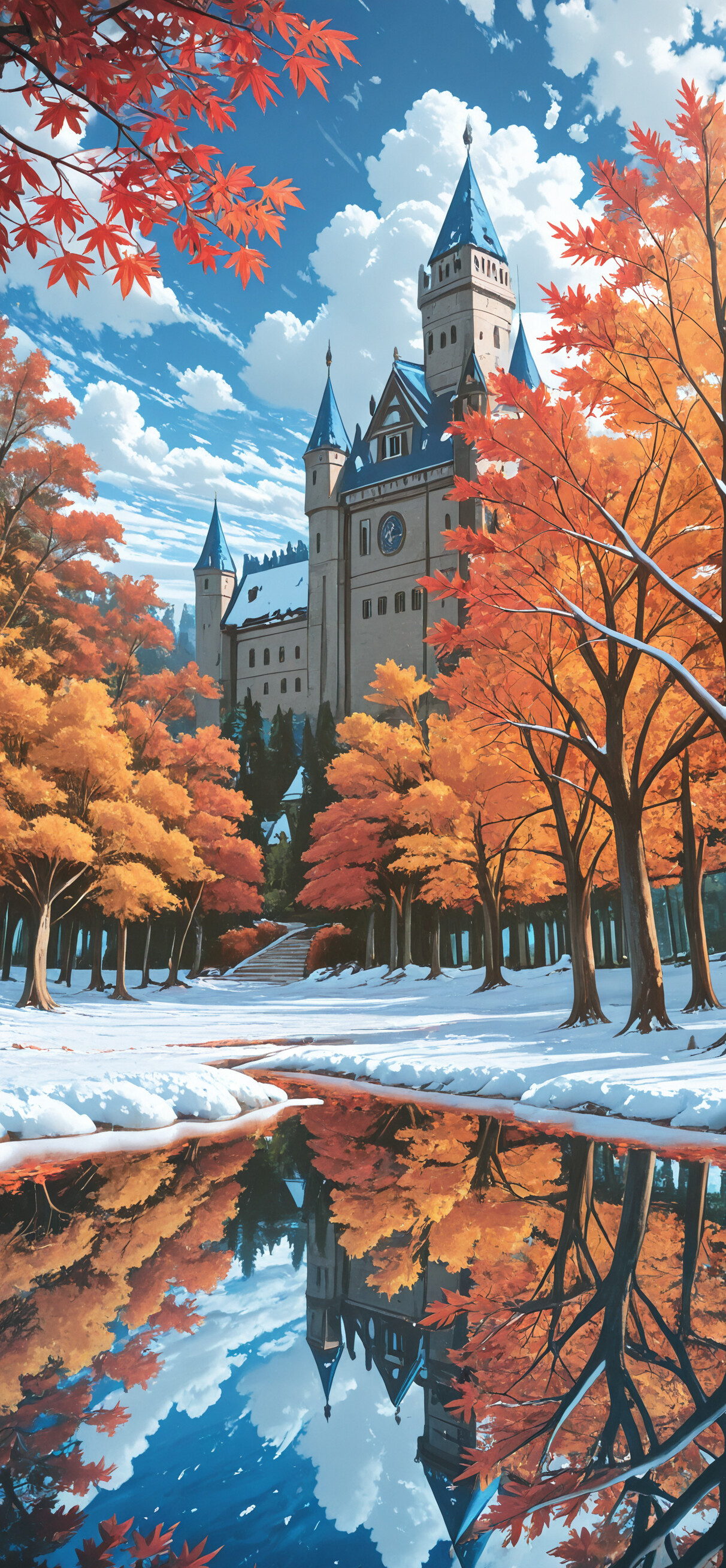 An illustration of a fantasy castle with blue-topped towers, surrounded by trees with fiery orange autumn leaves and snow on their branches. The snowy ground leads to a still pond that perfectly reflects the castle and the sky.