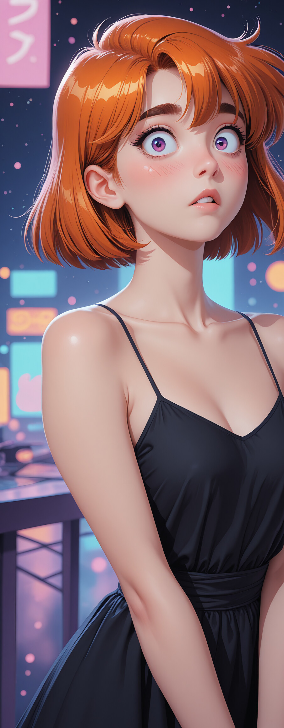 An anime-style girl with short orange hair and big purple eyes wearing a black dress, looking at the viewer with a surprised expression against a backdrop of a starry night with colorful, glowing clouds.