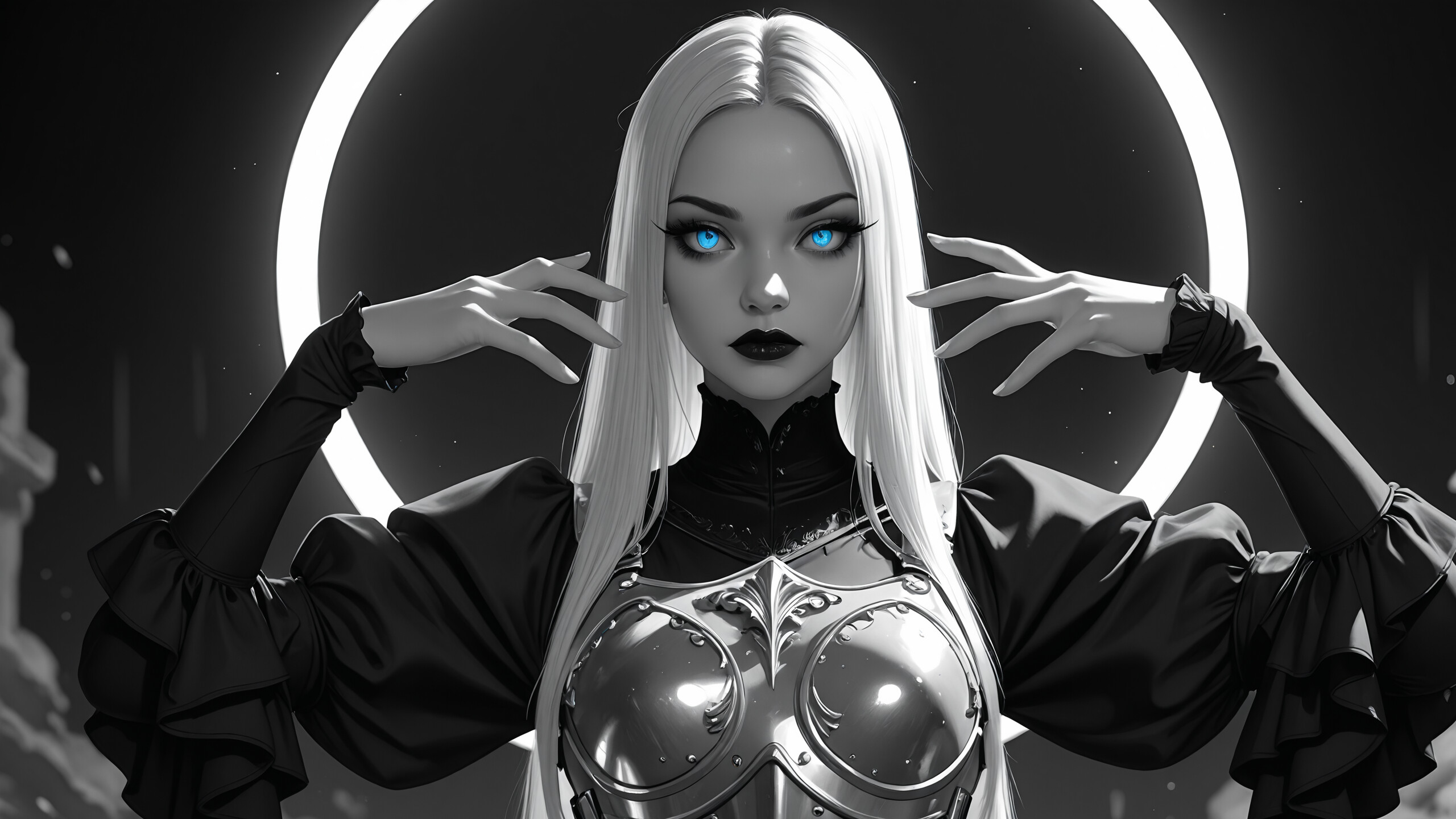 A digital illustration of a woman with long white hair, bright blue eyes, and dark lipstick. She is wearing silver armor with a blue gem and a black top, standing in front of a glowing white circle against a black background.