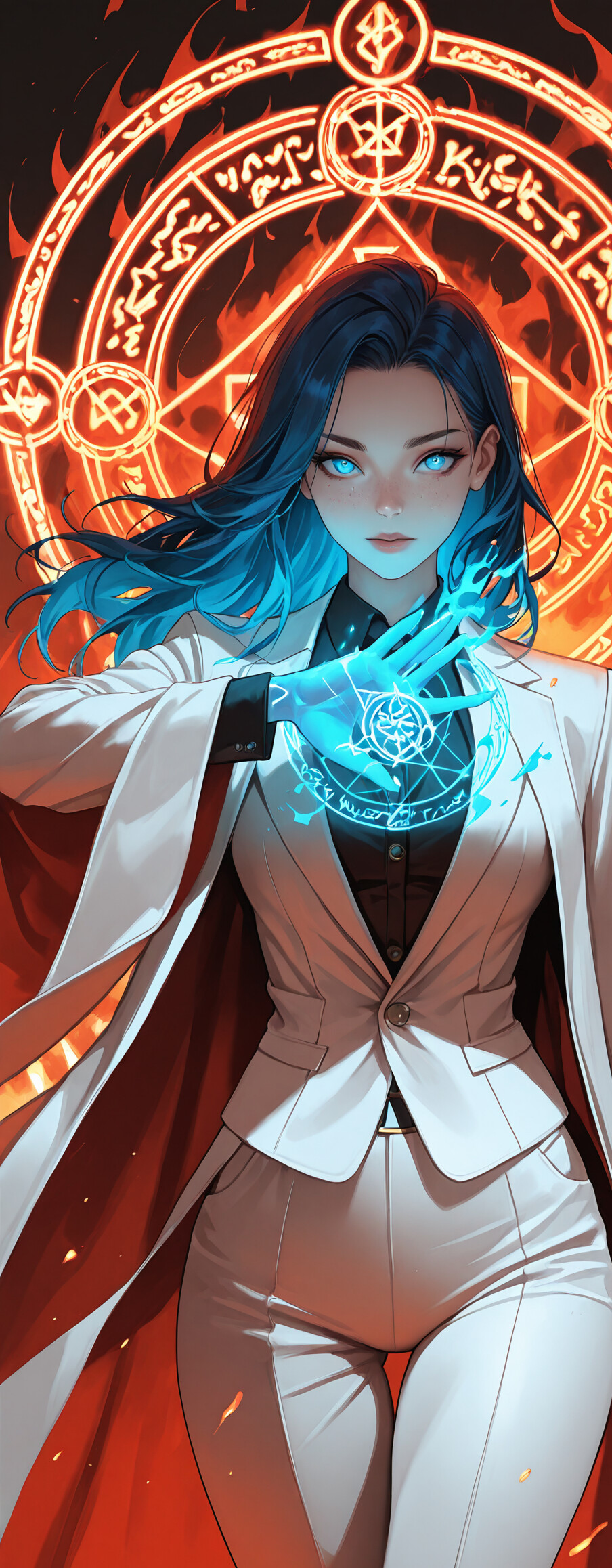 An anime-style woman with long blue hair and glowing eyes, wearing a white suit and a dark cape, casting a glowing blue spell in front of a large, fiery orange magic circle.