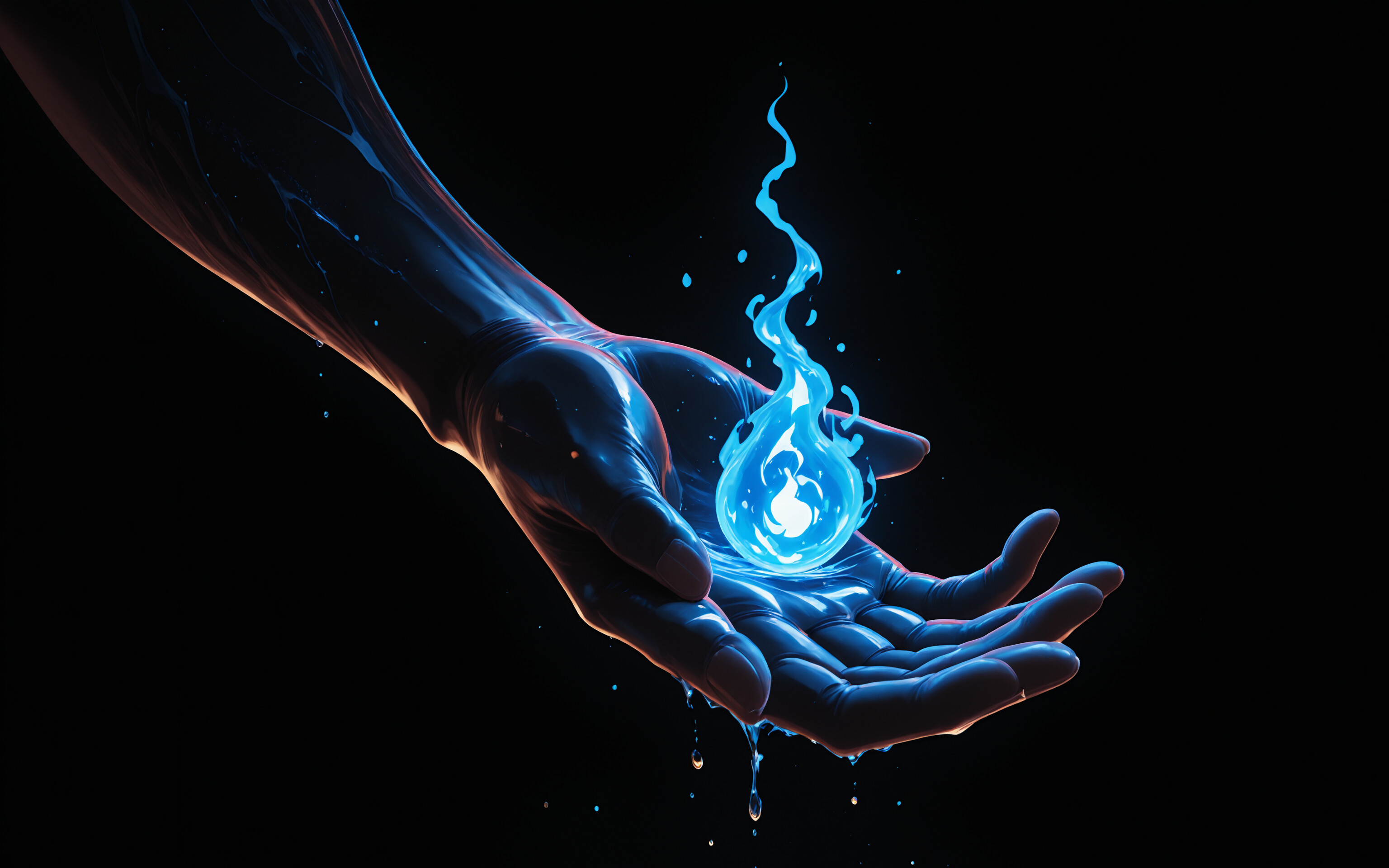 A dark, stylized hand with blue highlights and orange cracks holds a glowing blue, flame-shaped orb of light against a black background. Liquid drips from the fingertips.