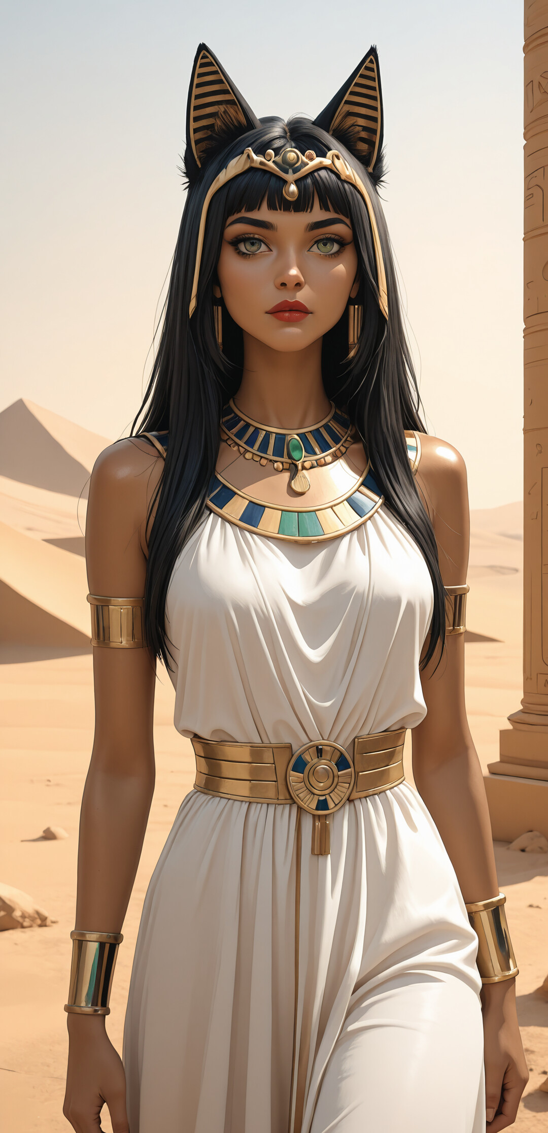 A portrait of the Egyptian goddess Bastet, a woman with cat ears on her headdress, long black hair, and striking green eyes. She wears a white dress and gold jewelry, standing in a vast desert next to a black and white cat.