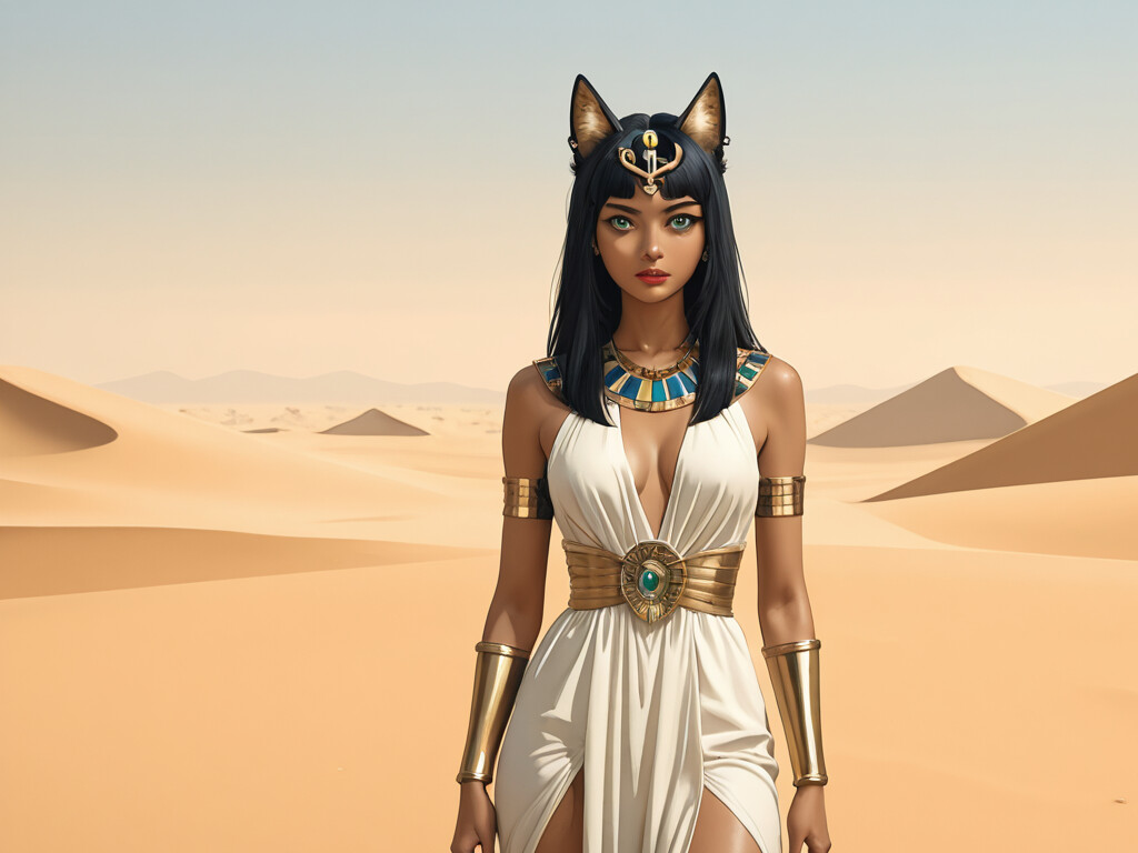 A portrait of the Egyptian goddess Bastet, a woman with cat ears on her headdress, long black hair, and striking green eyes. She wears a white dress and gold jewelry, standing in a vast desert next to a black and white cat.