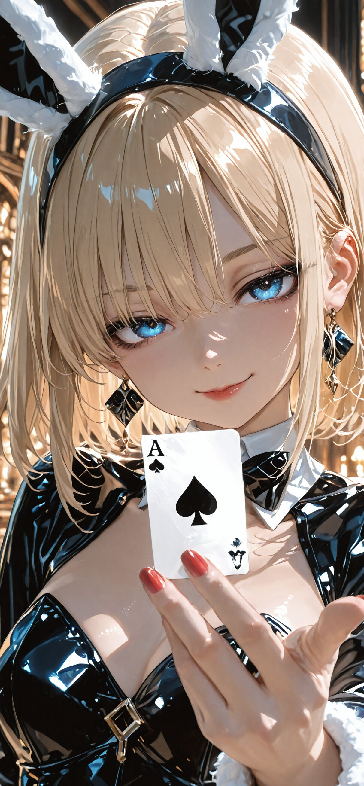 An anime-style illustration of a blonde girl with blue eyes in a black bunny suit, smiling as she holds up the Ace of Hearts playing card towards the camera.