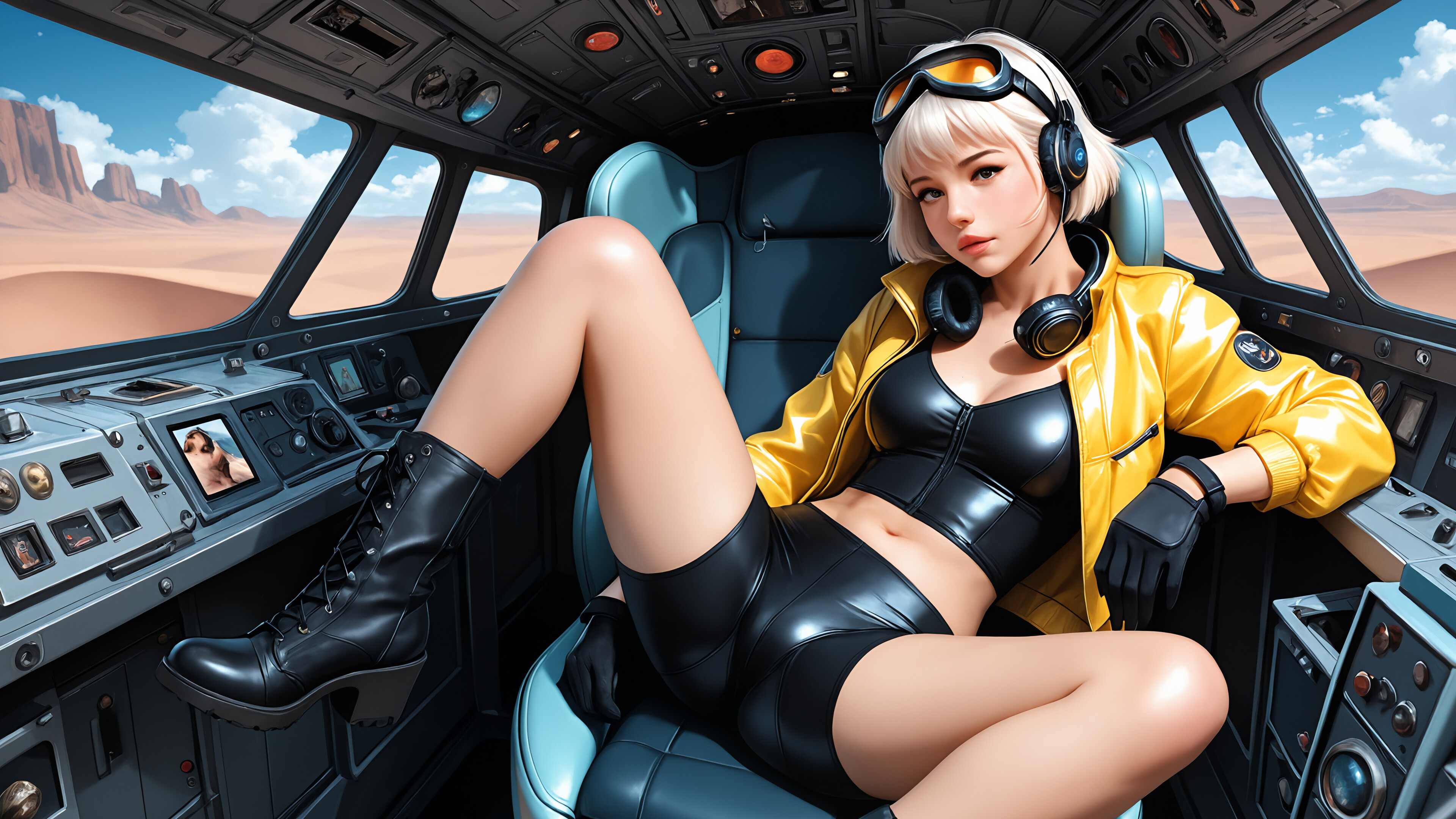 A young woman with short blonde hair, wearing a yellow jacket, headphones, and goggles, sits in the cockpit of a futuristic vehicle, looking forward.