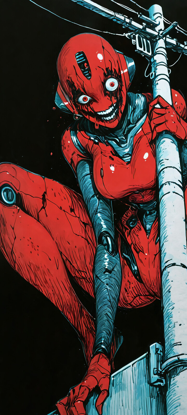 Illustration of the red cyborg Hornet from the manga Abara, in a damaged state, squatting on a utility pole at night with a creepy, wide-eyed expression.
