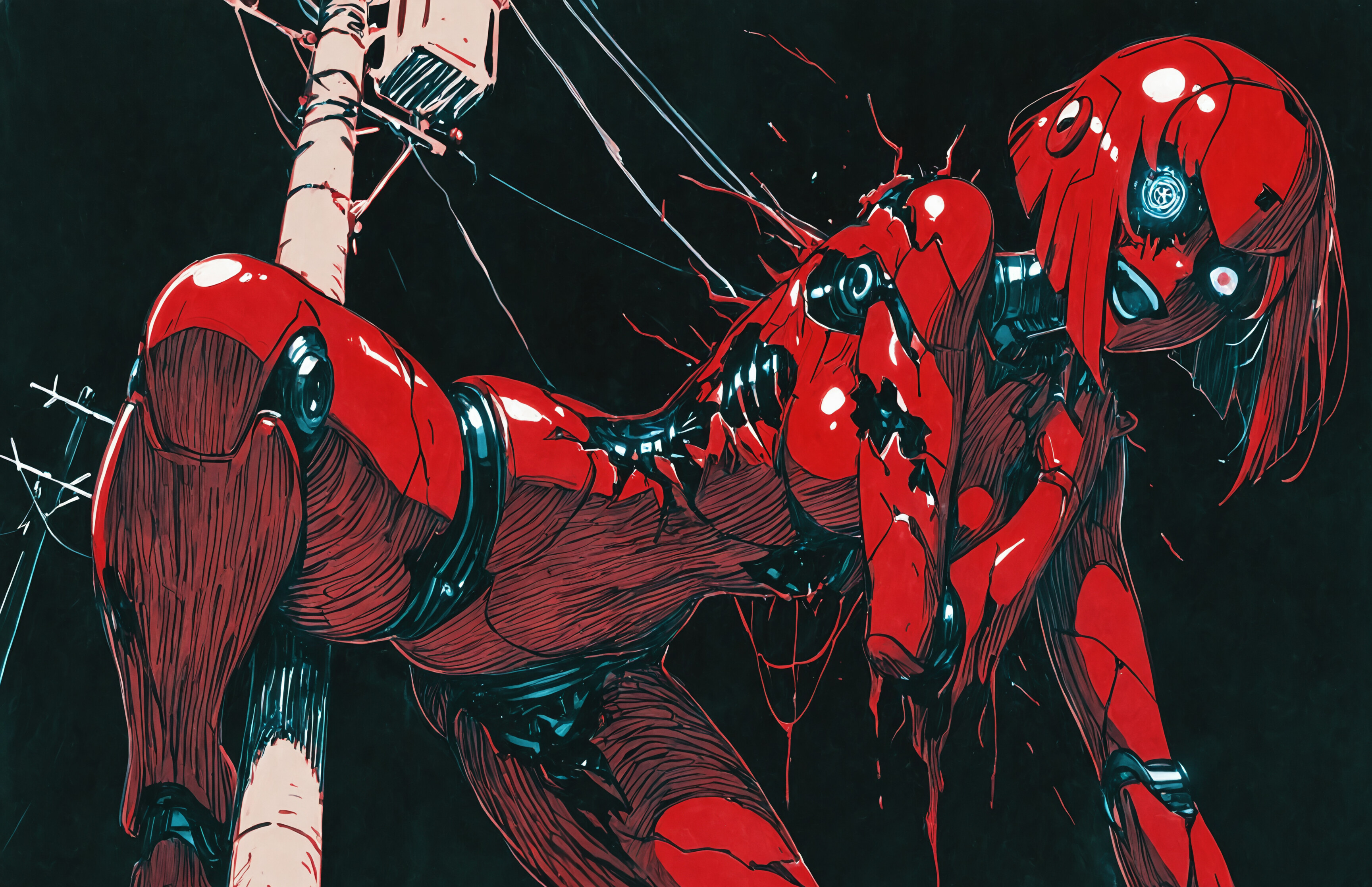 Illustration of the red cyborg Hornet from the manga Abara, in a damaged state, squatting on a utility pole at night with a creepy, wide-eyed expression.