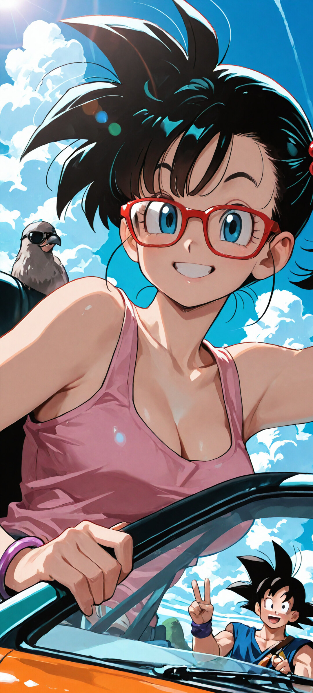 An anime-style illustration of Bulma from Dragon Ball in a car. She has blue hair, wears red sunglasses and a pink tank top, and makes a peace sign. A pigeon with sunglasses sits nearby on a sunny day.