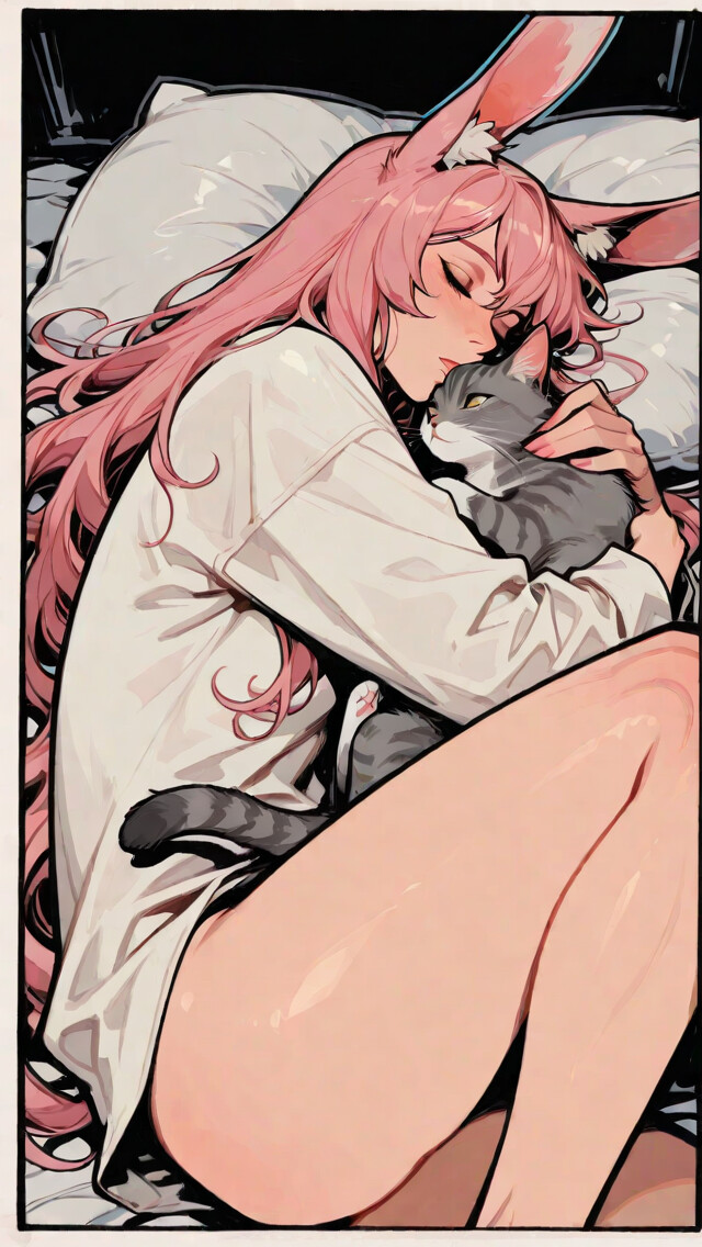 A girl with long pink hair and pink rabbit ears, wearing a white baggy shirt, sits while lovingly hugging a grey tabby cat to her chest. Her eyes are closed in a peaceful expression.