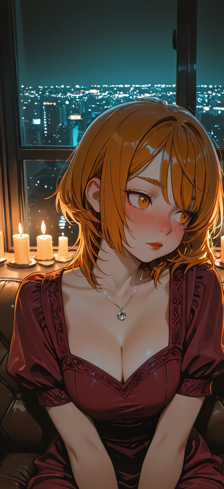 An illustration of Makima from Chainsaw Man, a woman with orange hair and eyes, sitting on a couch in a red dress, with a candlelit cityscape visible behind her.