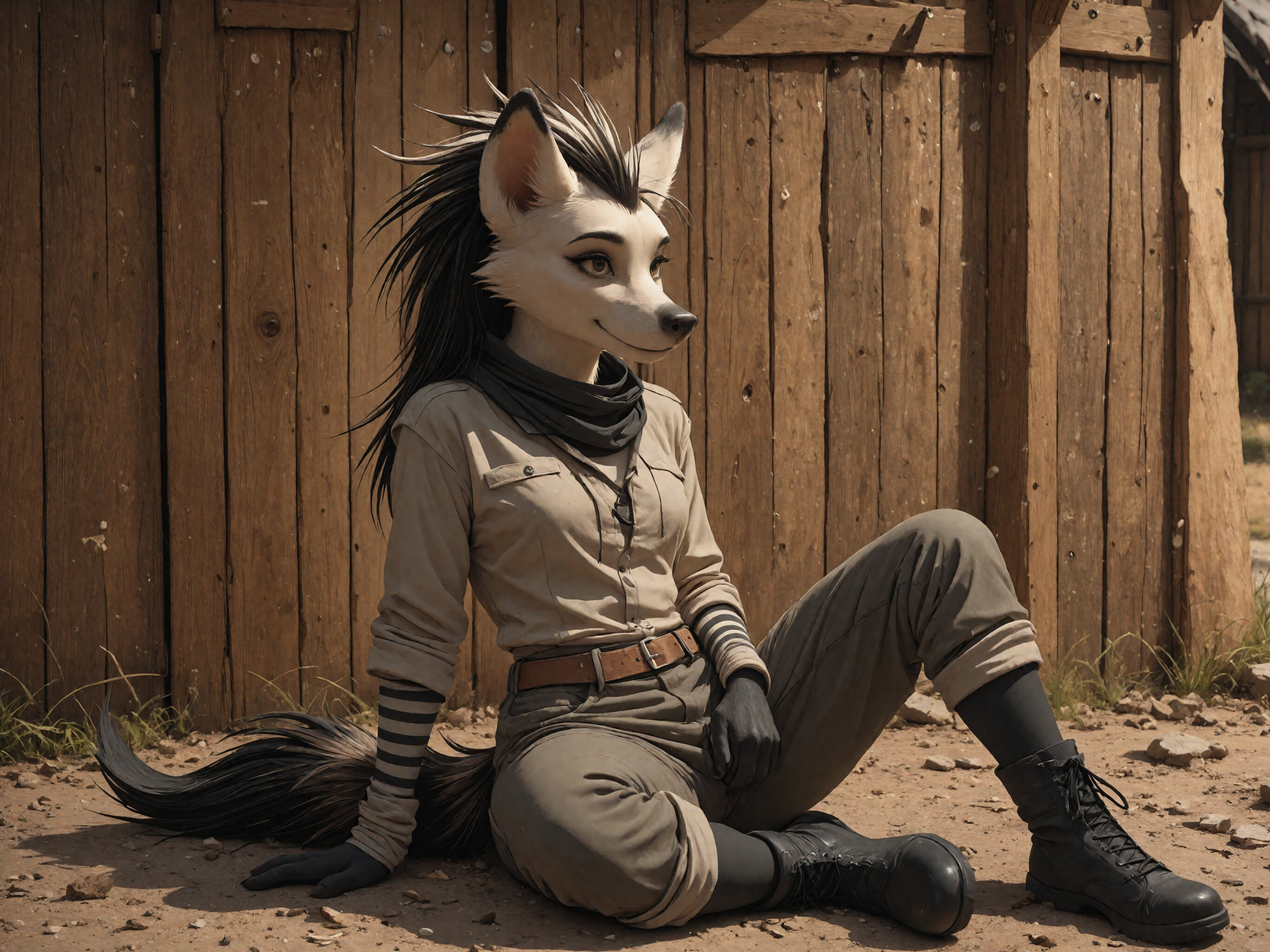 An anthropomorphic aardwolf with black and white fur and spiky hair, wearing a black hoodie and blue jeans, sitting on a bed in a bedroom and looking at the camera.