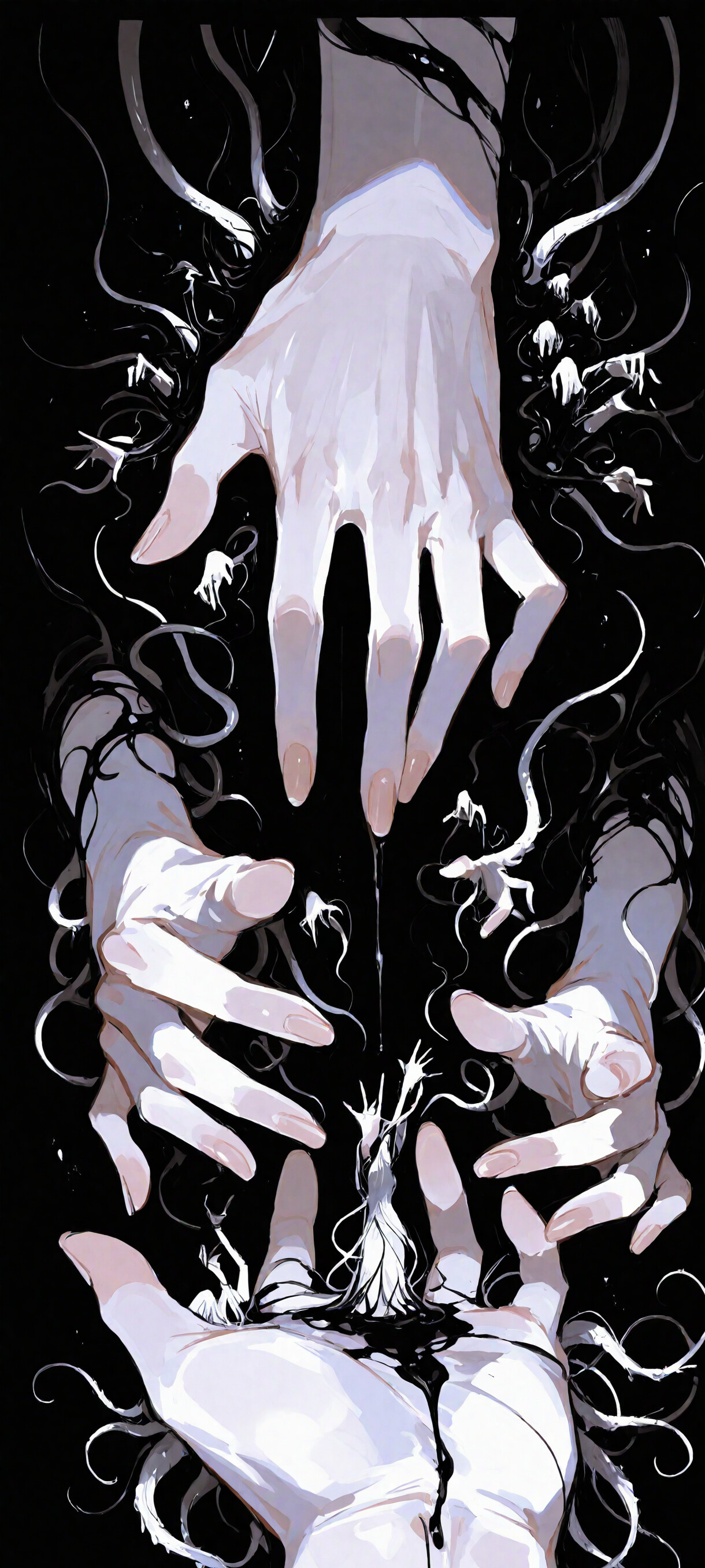 A surreal digital illustration of a tiny girl with white hair standing in the palm of a giant hand. Two other giant hands loom over her, surrounded by a black, inky substance and thorny blue vines against a dark background.