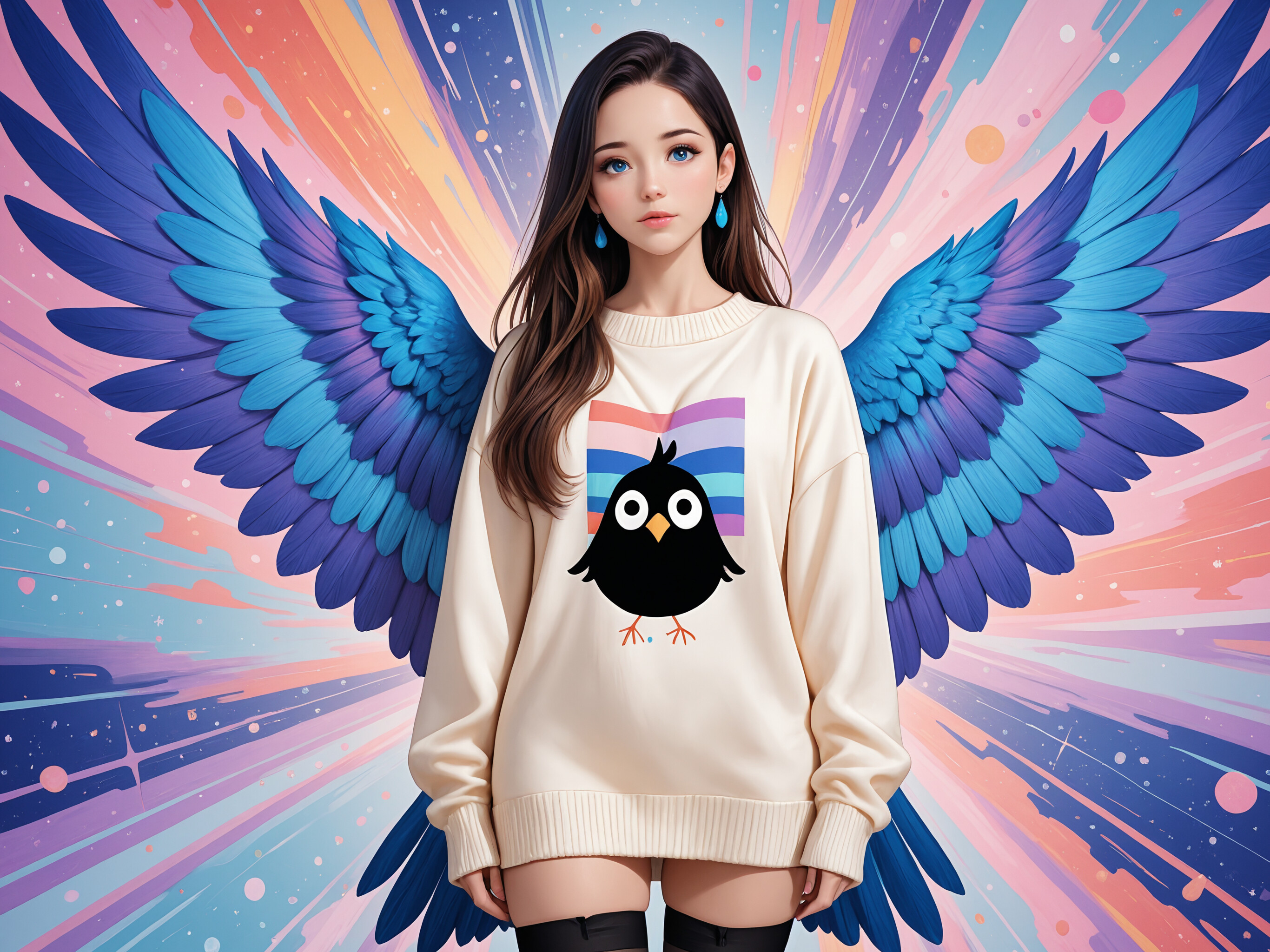 A young woman with brown hair, blue eyes, and purple-tipped angel wings poses in a cream sweater and blue overalls against a celestial space background.