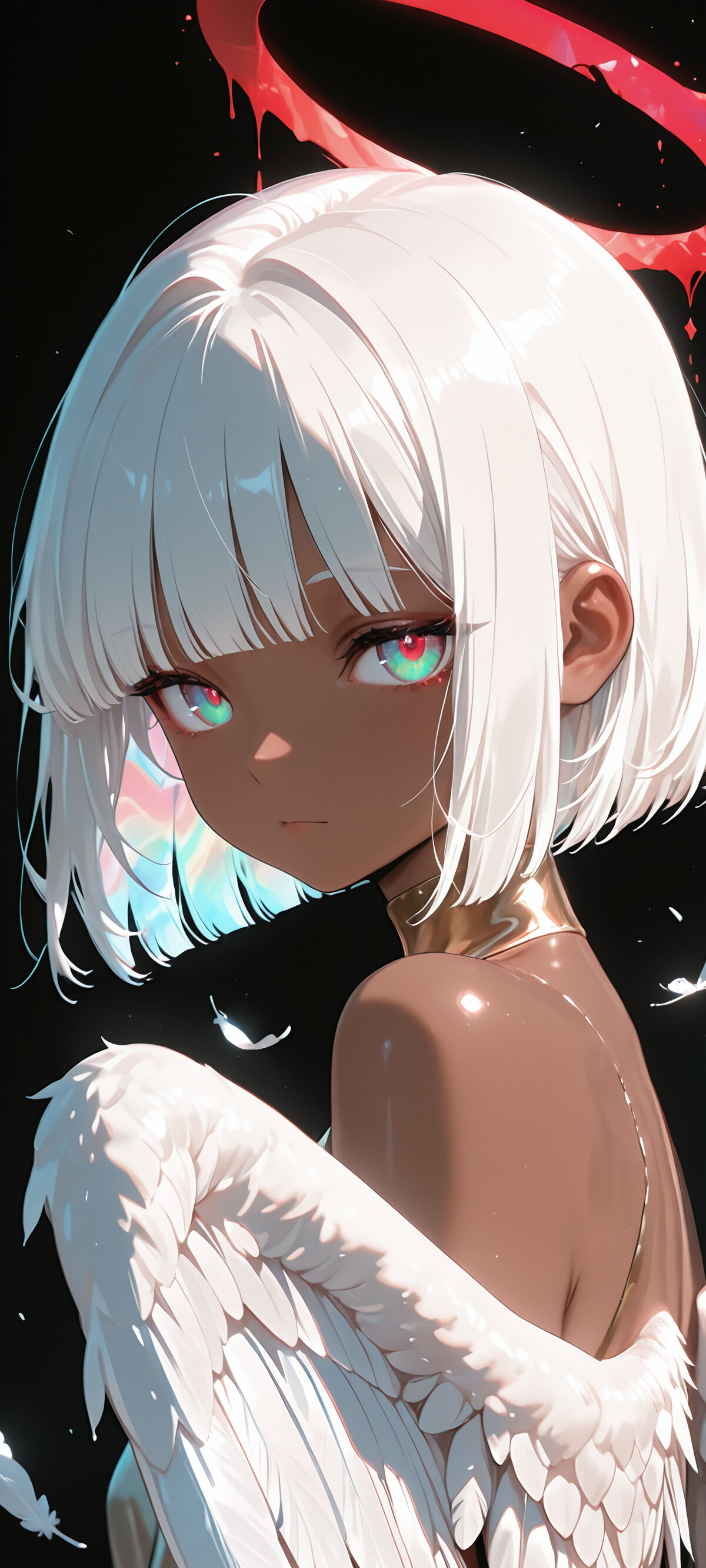 An anime-style illustration of a dark-skinned angel with short white hair and vibrant, multicolored eyes. She has large white wings and a dripping red halo, and is looking over her shoulder at the viewer against a black background.