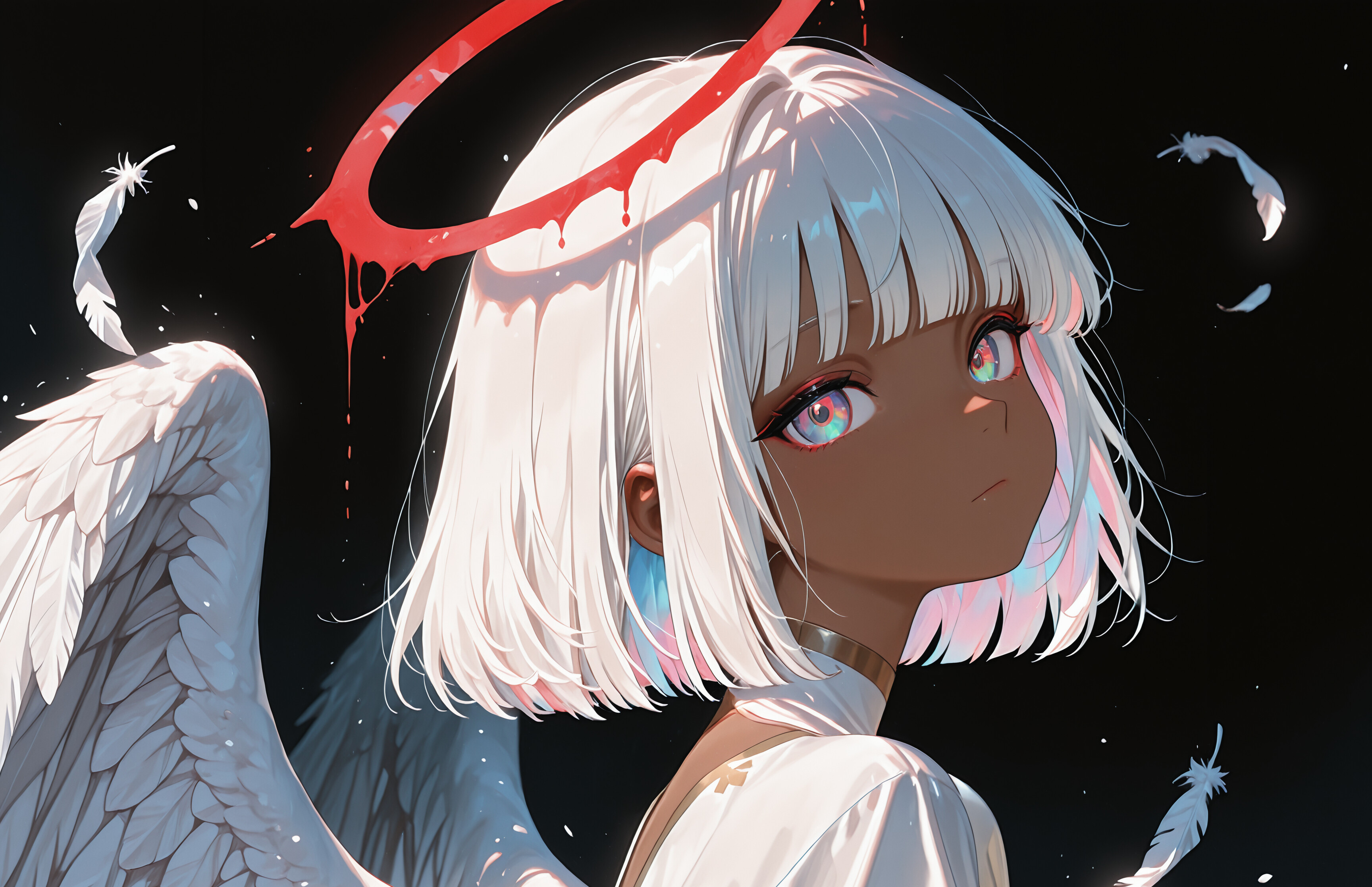 An anime-style illustration of a dark-skinned angel with short white hair and vibrant, multicolored eyes. She has large white wings and a dripping red halo, and is looking over her shoulder at the viewer against a black background.