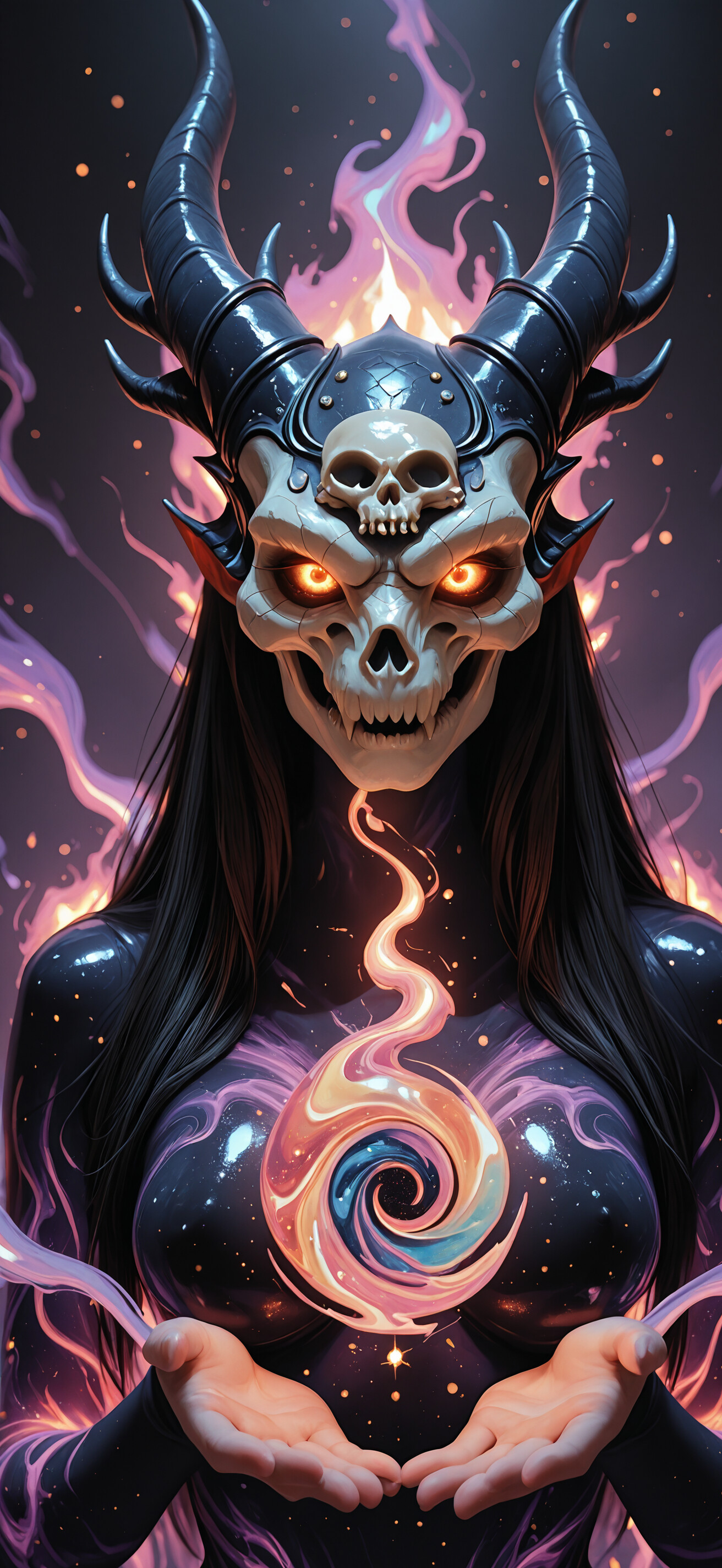 A close-up portrait of a fantasy dragon humanoid with a white skull face, glowing orange eyes and horns, and a ball of light in its mouth, set against a dark, cosmic background.