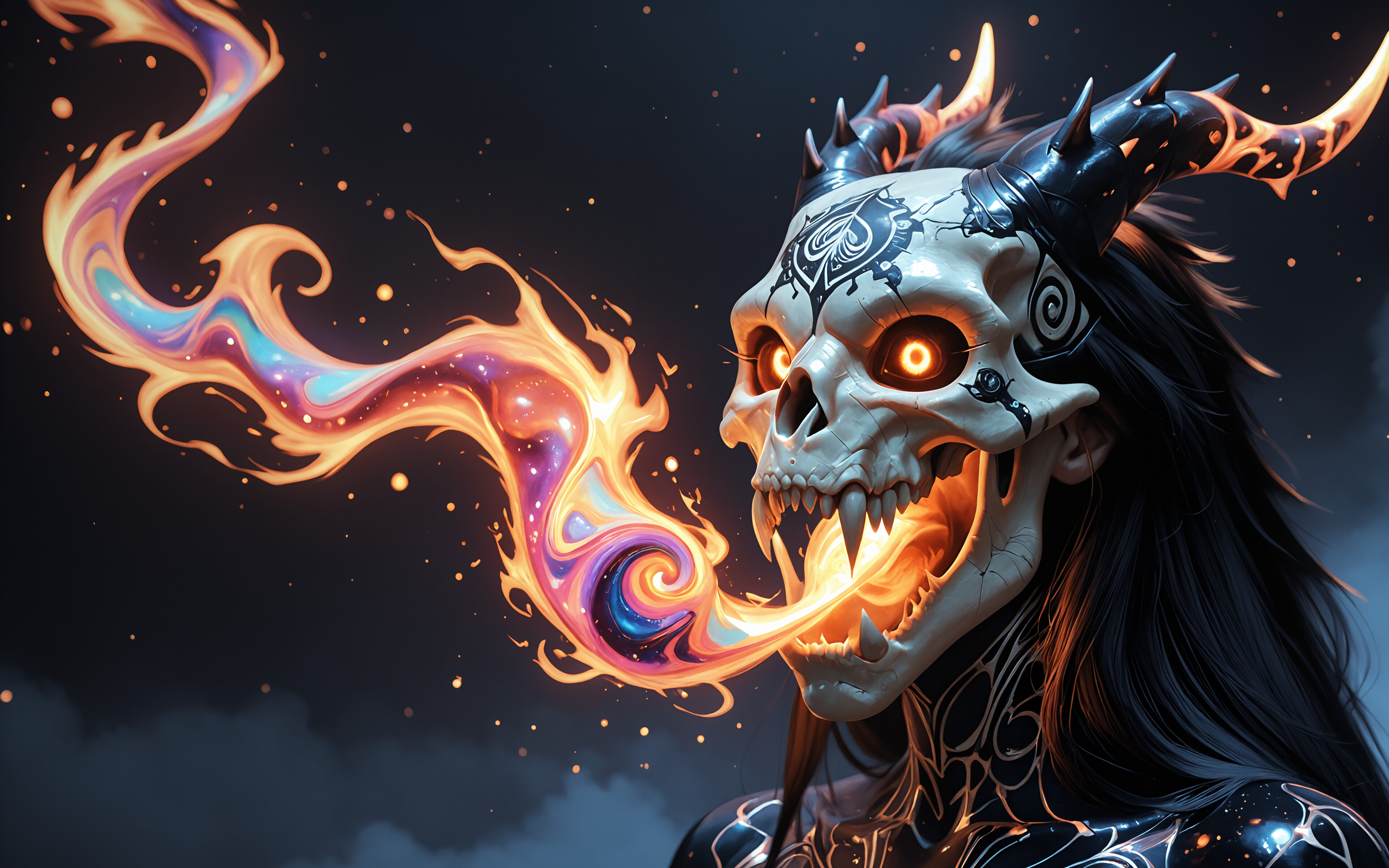 A close-up portrait of a fantasy dragon humanoid with a white skull face, glowing orange eyes and horns, and a ball of light in its mouth, set against a dark, cosmic background.