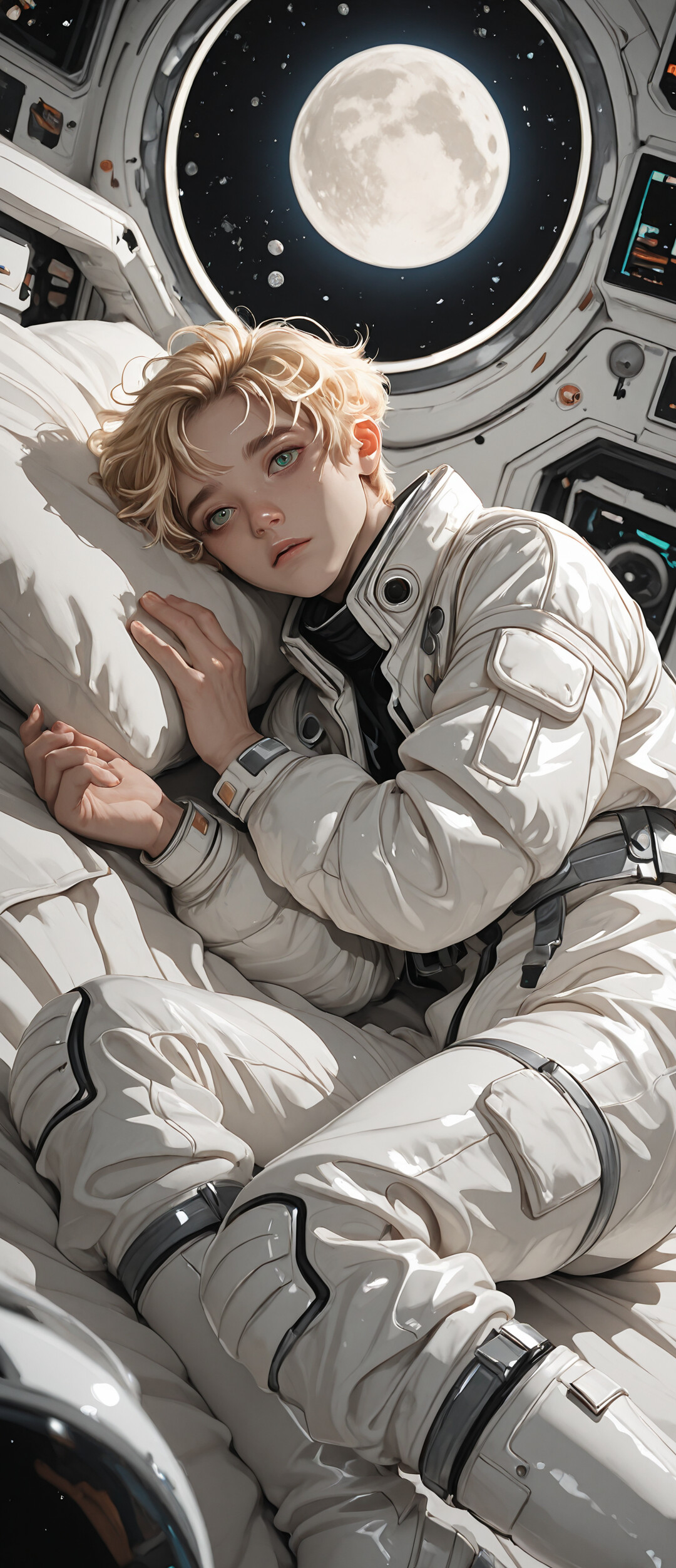 A semi-realistic portrait of a young man with short blonde hair and green eyes, wearing a white futuristic jacket and spacesuit, reclining inside a spaceship with a large moon visible through a round window.