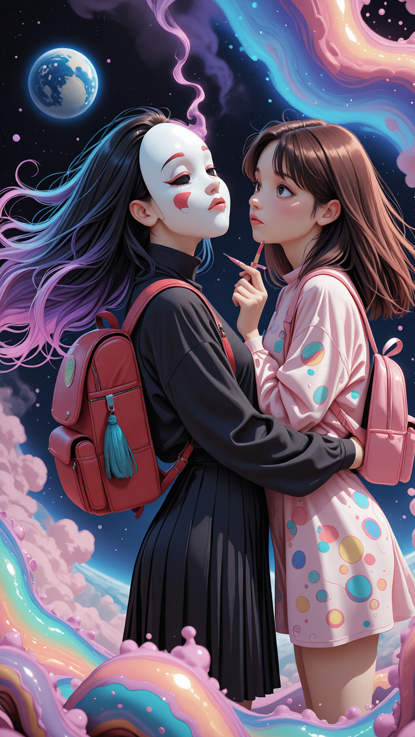 An anime-style illustration of two young women embracing in a surreal space setting. The woman on the left has long pink hair and is hugging the woman on the right, who has dark hair and a red backpack. Behind them is a large planet, stars, and fantastical pink tentacles.