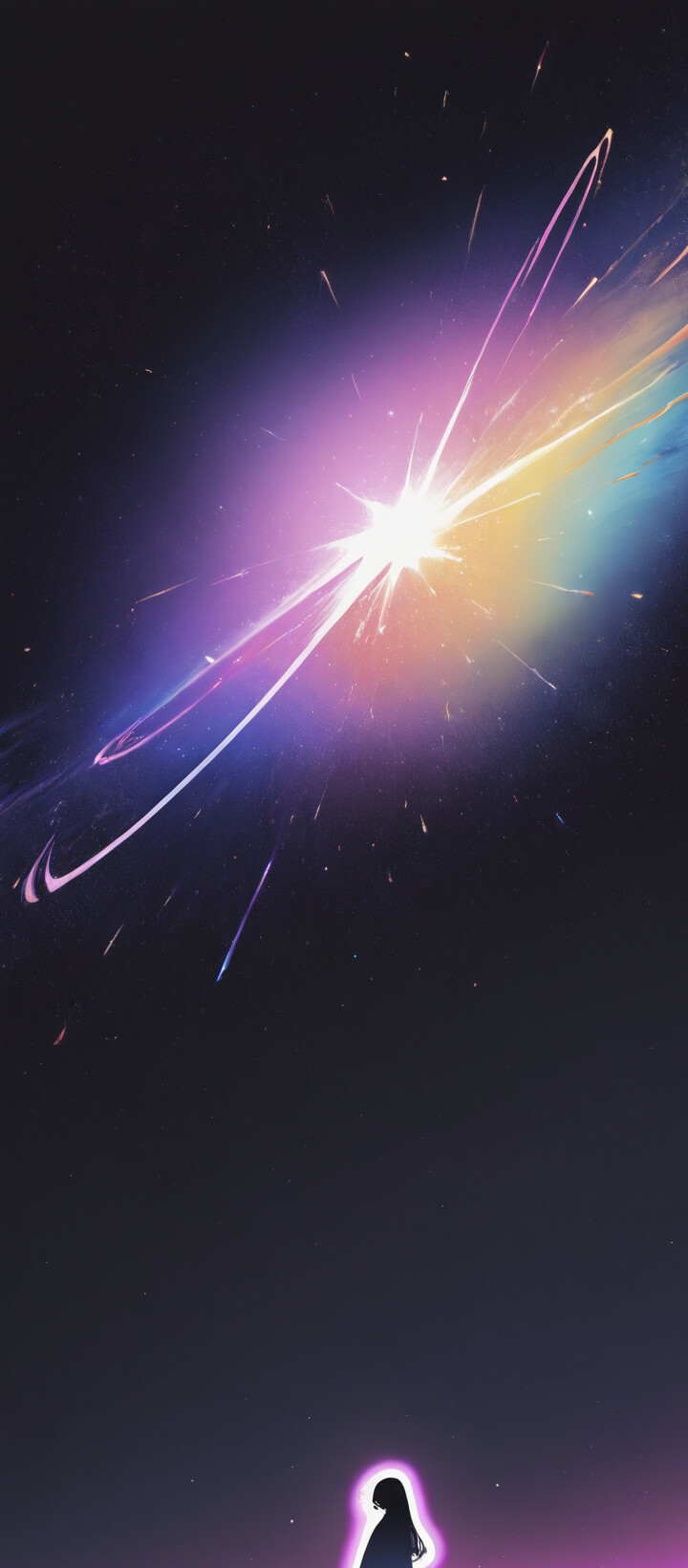 An anime girl with flowing hair colored in a gradient of yellow, pink, and purple, shown in profile against a dark background with streaks of starlight.