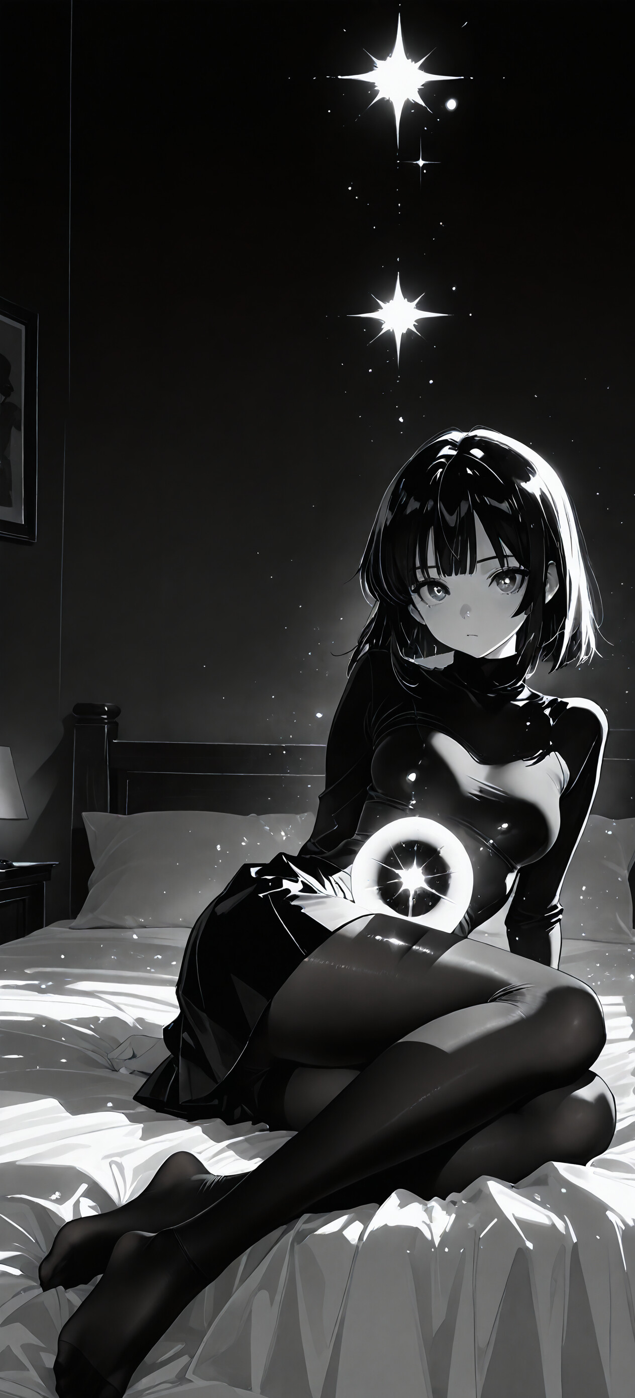 A monochrome illustration of the anime character Hotaru Tomoe sitting on a bed in a dark room. She has short black hair and wears a tight all-black outfit. A glowing sphere resembling a full moon is on her chest, and she is surrounded by sparkles.