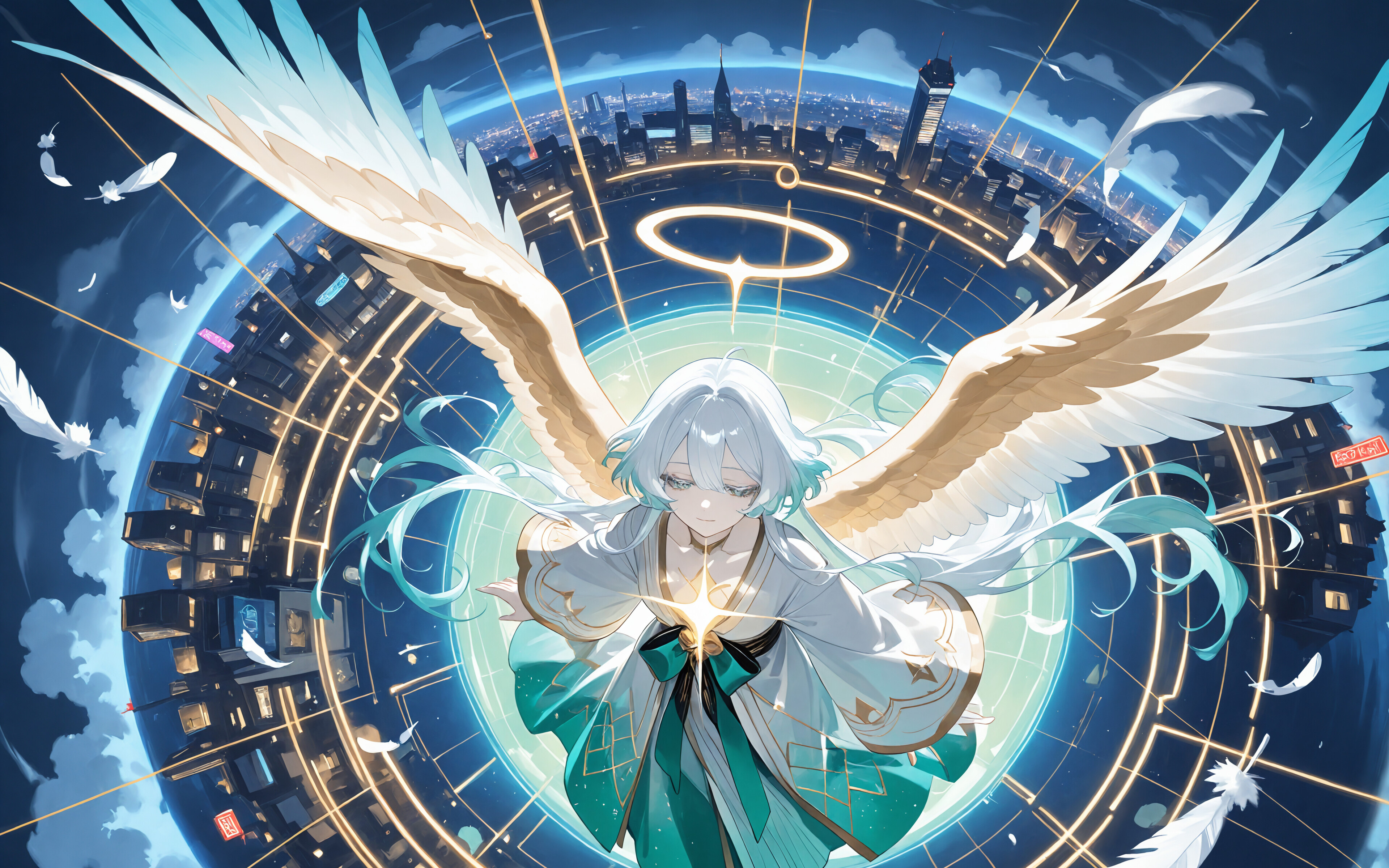 An anime-style angel with white hair and large wings hovers within a glowing golden magic circle high above a modern city at night, as seen from a high-angle view.