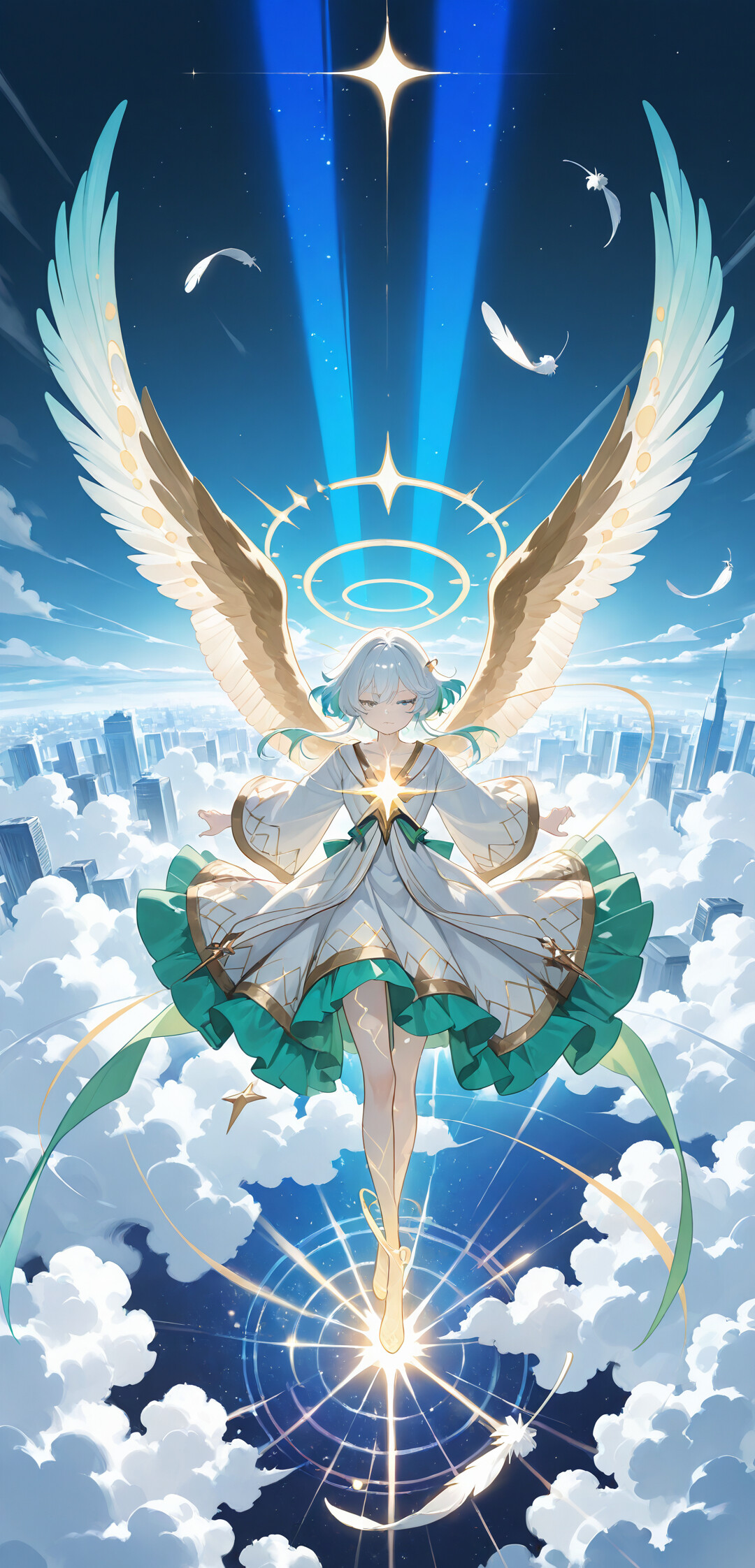 An anime-style angel with white hair and large wings hovers within a glowing golden magic circle high above a modern city at night, as seen from a high-angle view.
