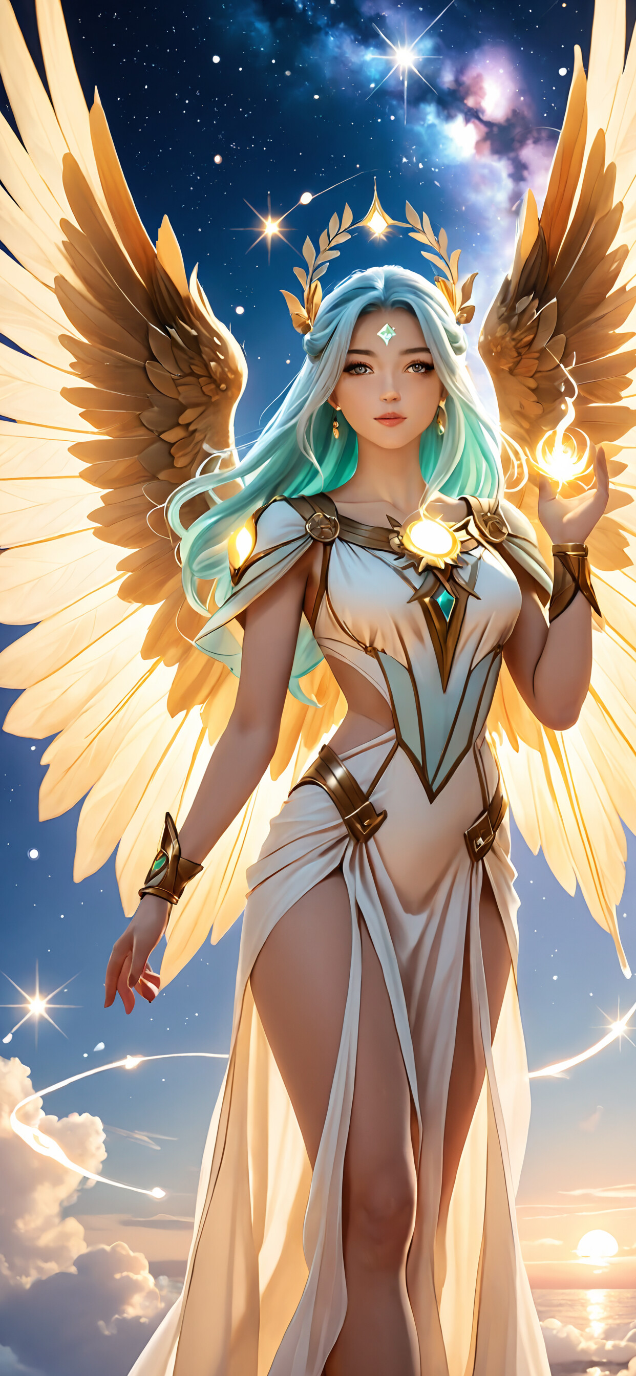A digital fantasy portrait of a beautiful angel with long purple hair, large feathered wings, and a golden crown, holding a glowing white lotus flower against a starry night background.