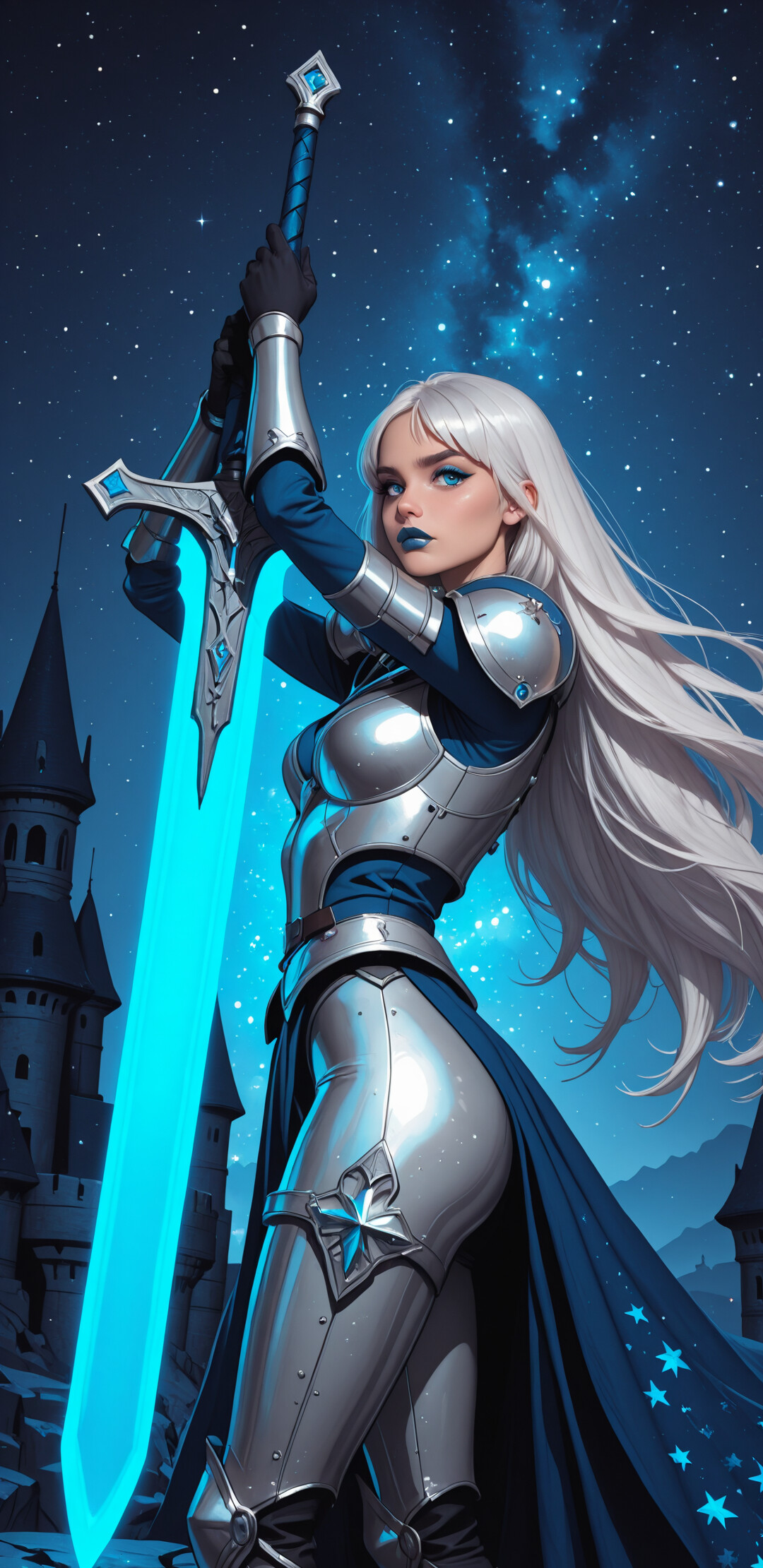 A digital illustration of a female fantasy knight with long white hair and silver armor holding a large, glowing blue sword. She stands under a starry night sky framed by a stone archway.