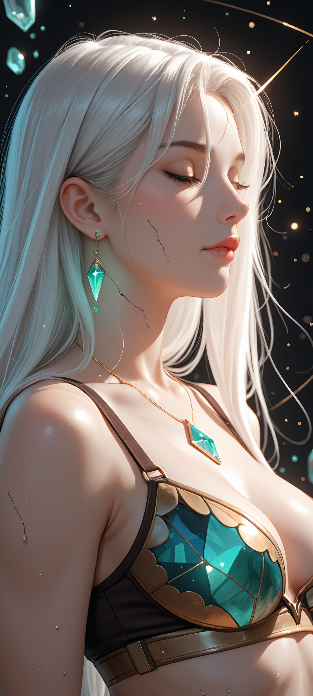 A close-up digital portrait of a beautiful fantasy woman with long white hair and vibrant, glowing aqua eyes. She has glowing teal cracks on her cheek and neck, and a floating crystal is visible in the dark, starry background.