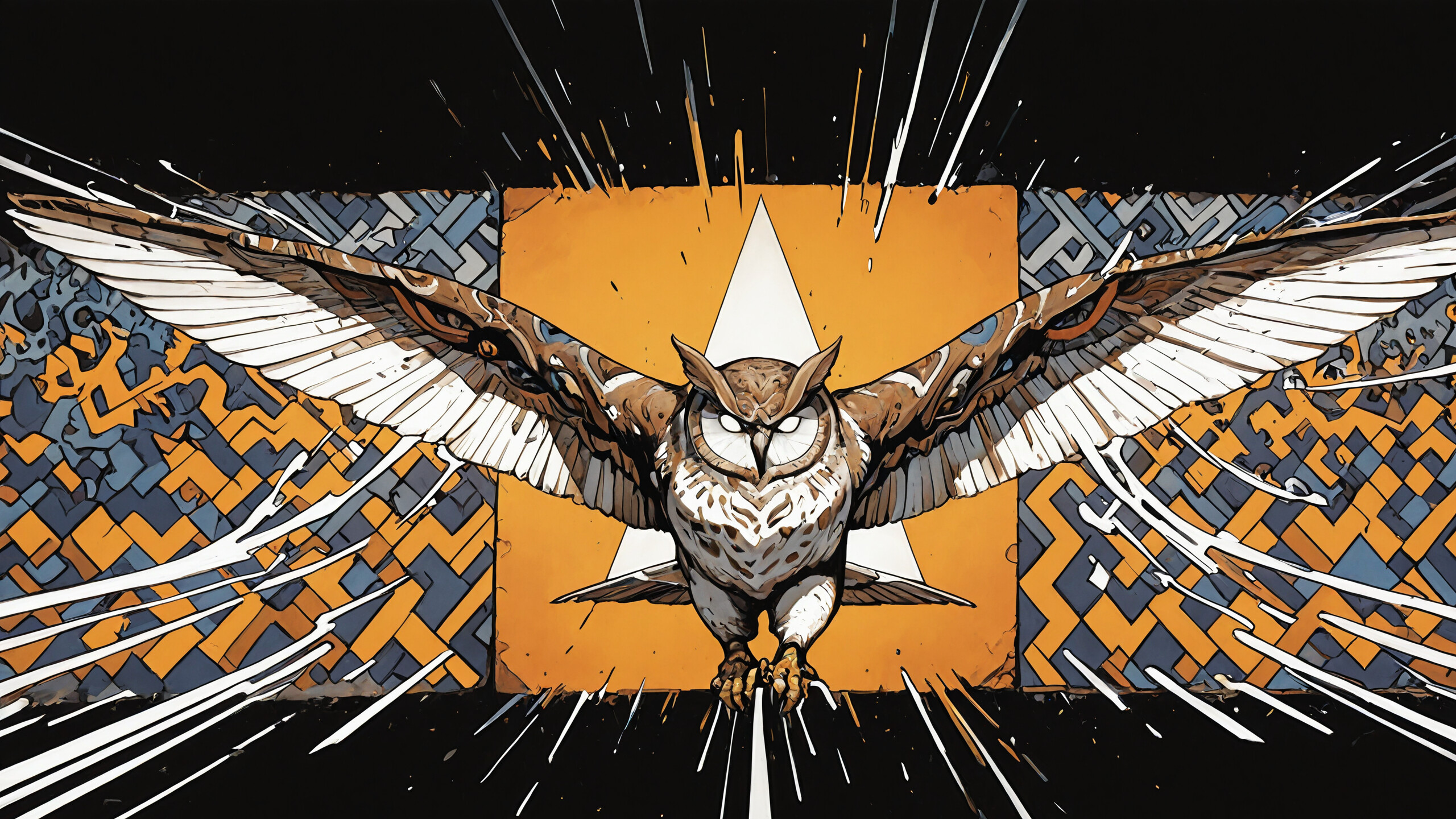 A vertical graphic illustration of two owls flying towards the viewer. A brown owl is at the top, and a white owl is below it. Both are framed by black diamond shapes against a tan background with radiating lines suggesting motion.