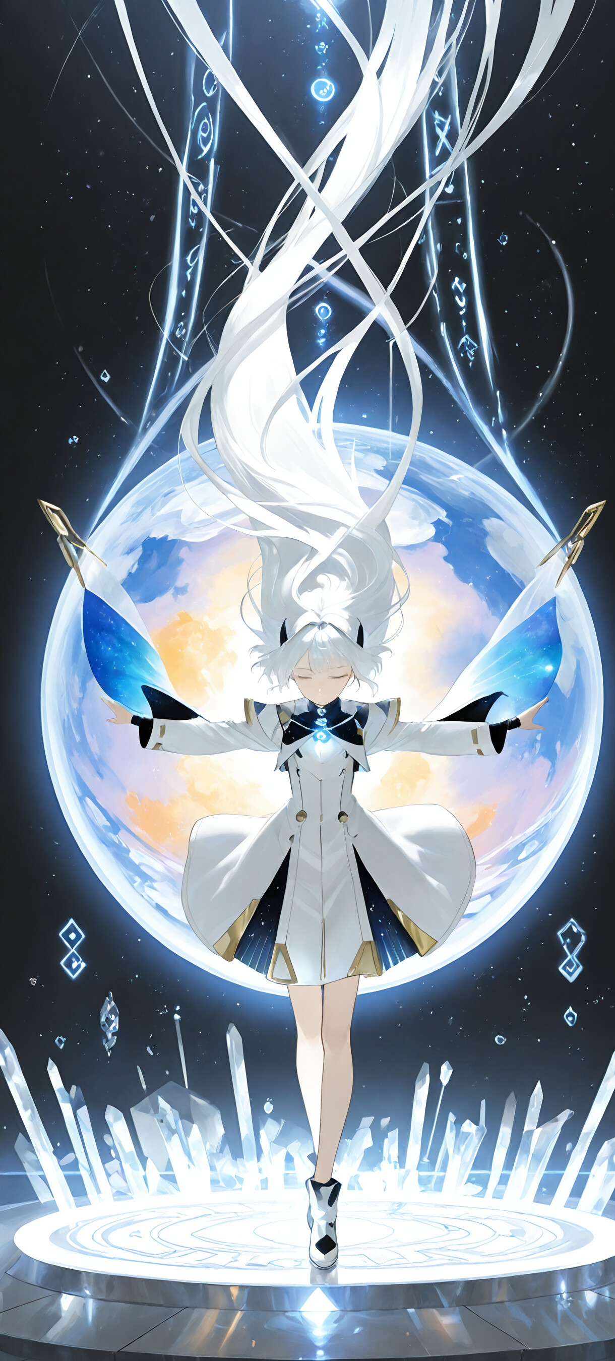 An anime girl with long, flowing white hair stands with her eyes closed and hands together, a bright light shining between them. She wears a white and blue celestial-themed outfit against a starry background.
