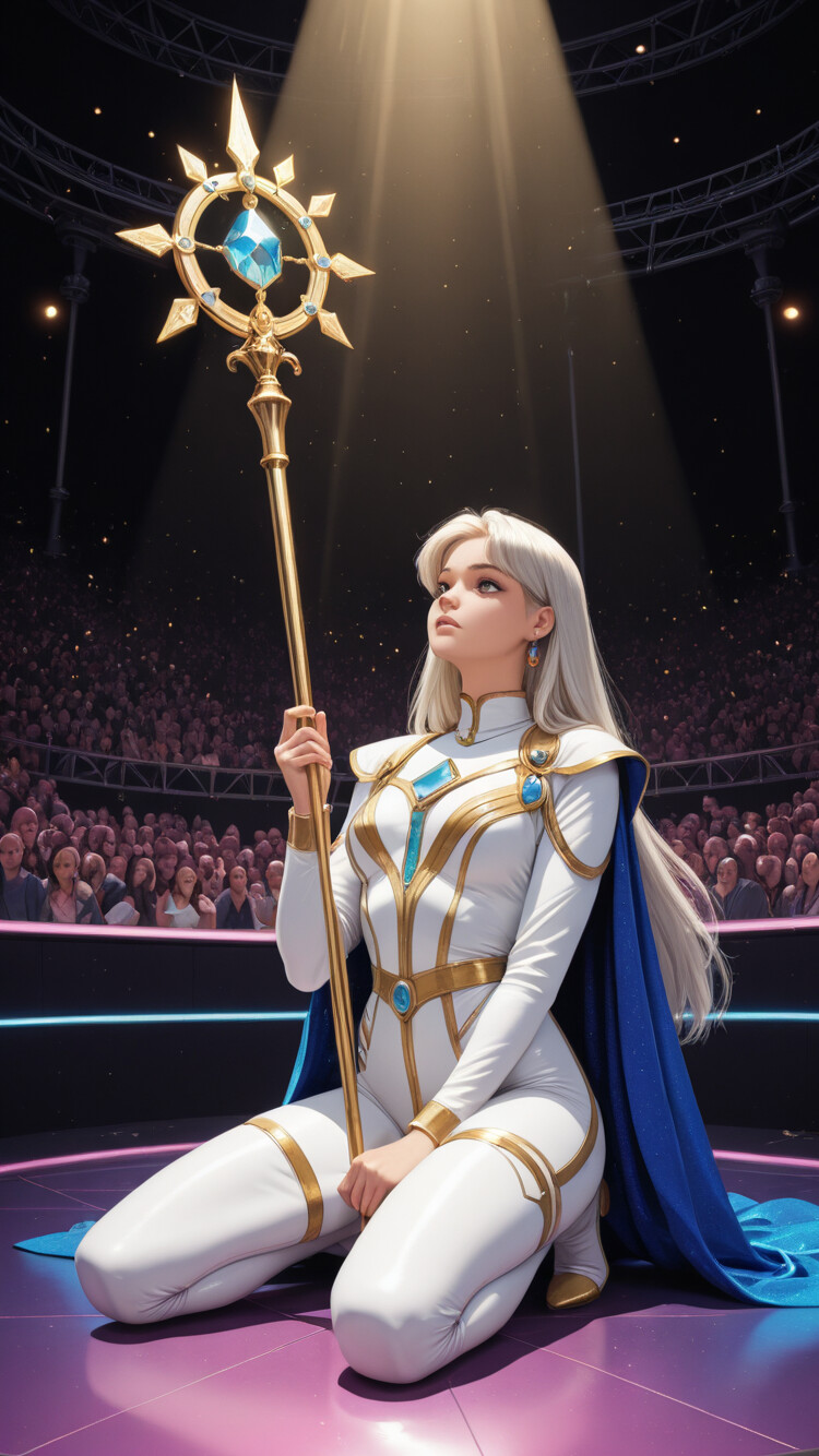 A beautiful anime-style woman with platinum blonde hair, dressed as a fantasy priestess in a white and gold bodysuit and cape, kneels on a dark stage holding a glowing golden staff with a blue gem. The background features an audience and blue neon lights.