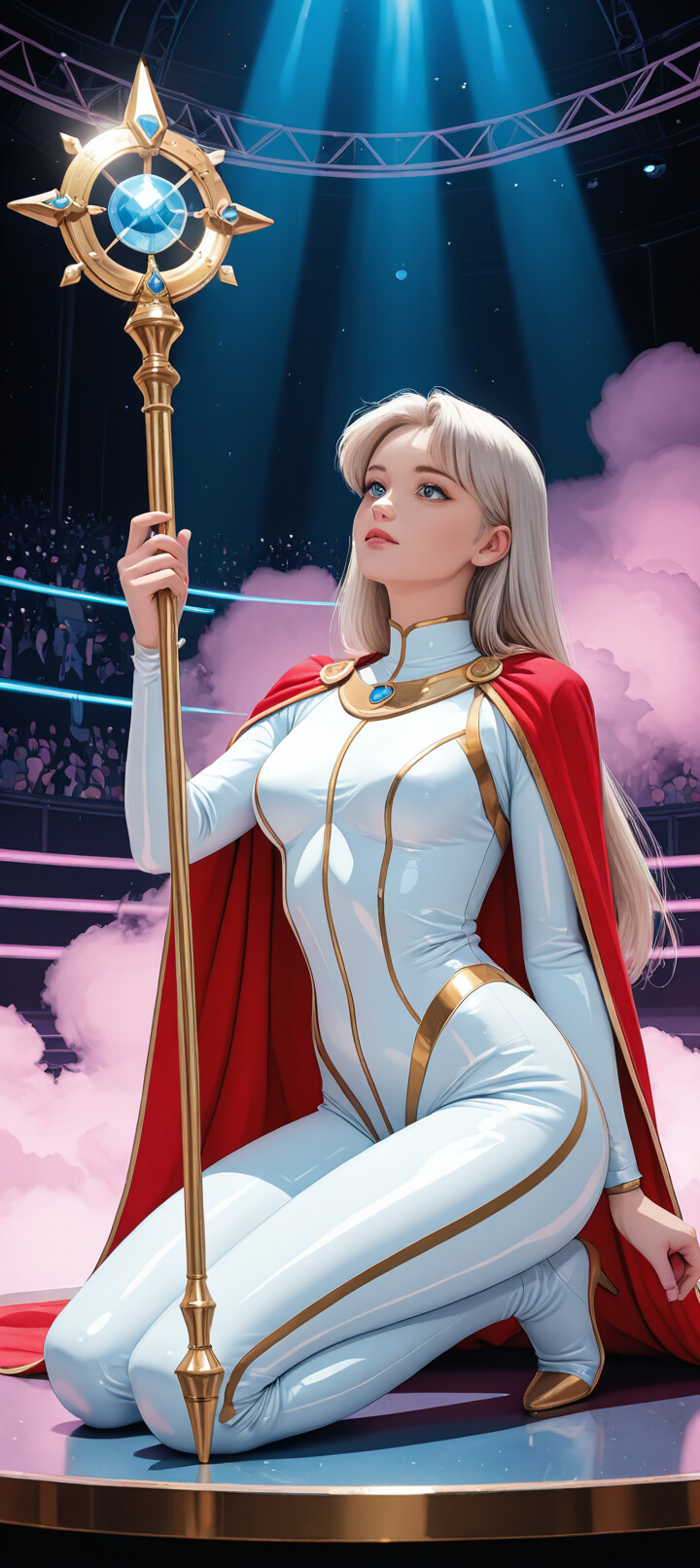 A digital illustration of a young woman with long white hair in a white and gold bodysuit and cape, kneeling on a stage while holding a glowing golden star-topped staff, with spotlights and an audience in the background.