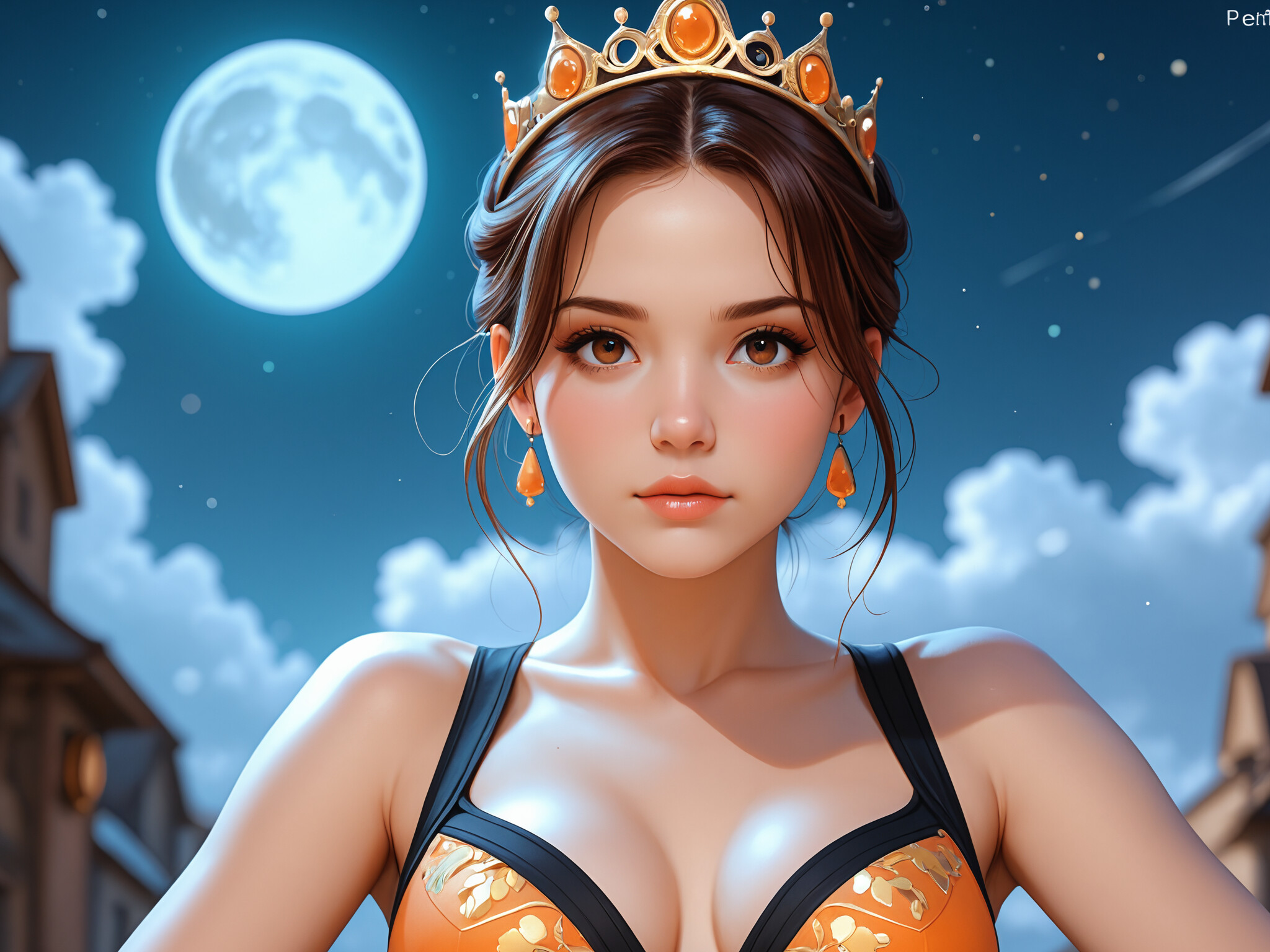 A digital illustration of a young woman with brown hair wearing a bejeweled golden crown and an orange top, posing outdoors at night with a full moon in the background.
