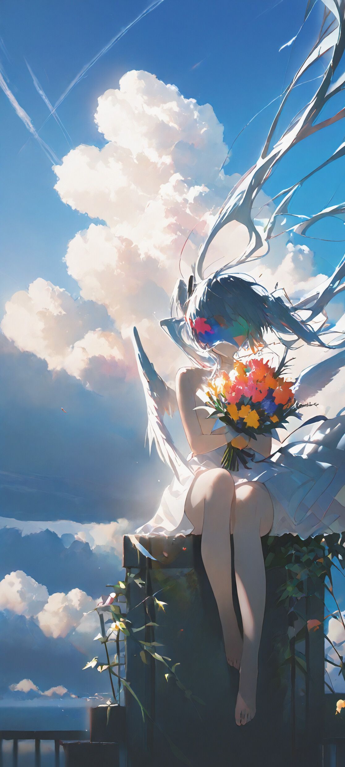 An anime-style angel with long dark hair and white wings, sitting on a rock in the water. She is holding a bouquet of flowers and looking out over a lake towards a distant city at sunset.