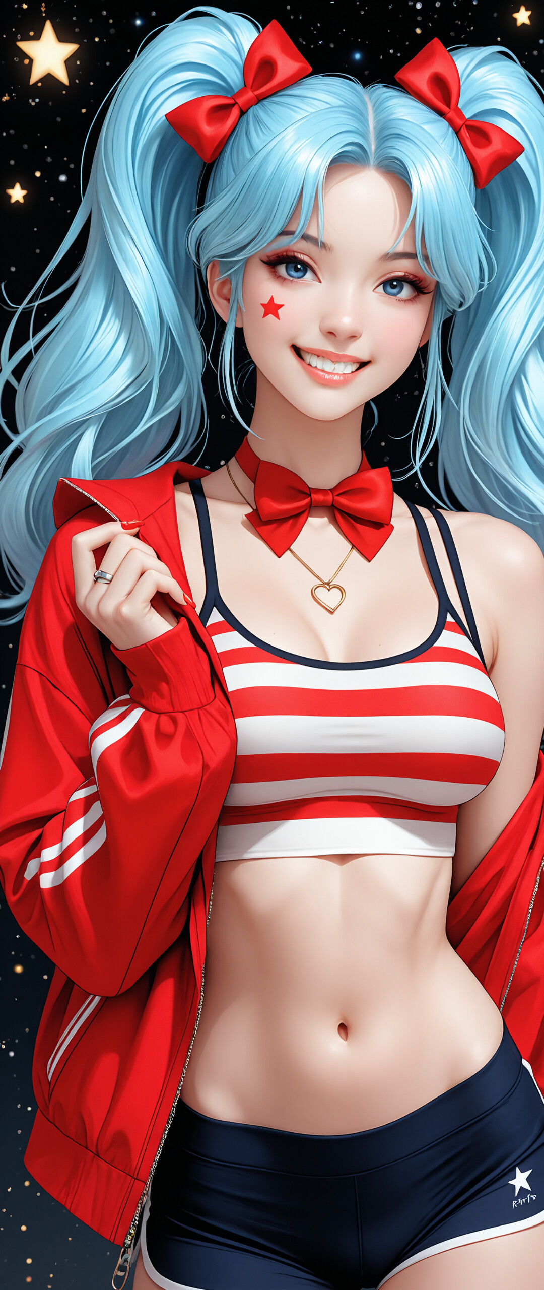 A digital illustration of a smiling girl with long blue pigtails, red bows, and star makeup on her cheeks, set against a starry night background. She is holding her red bowtie choker.