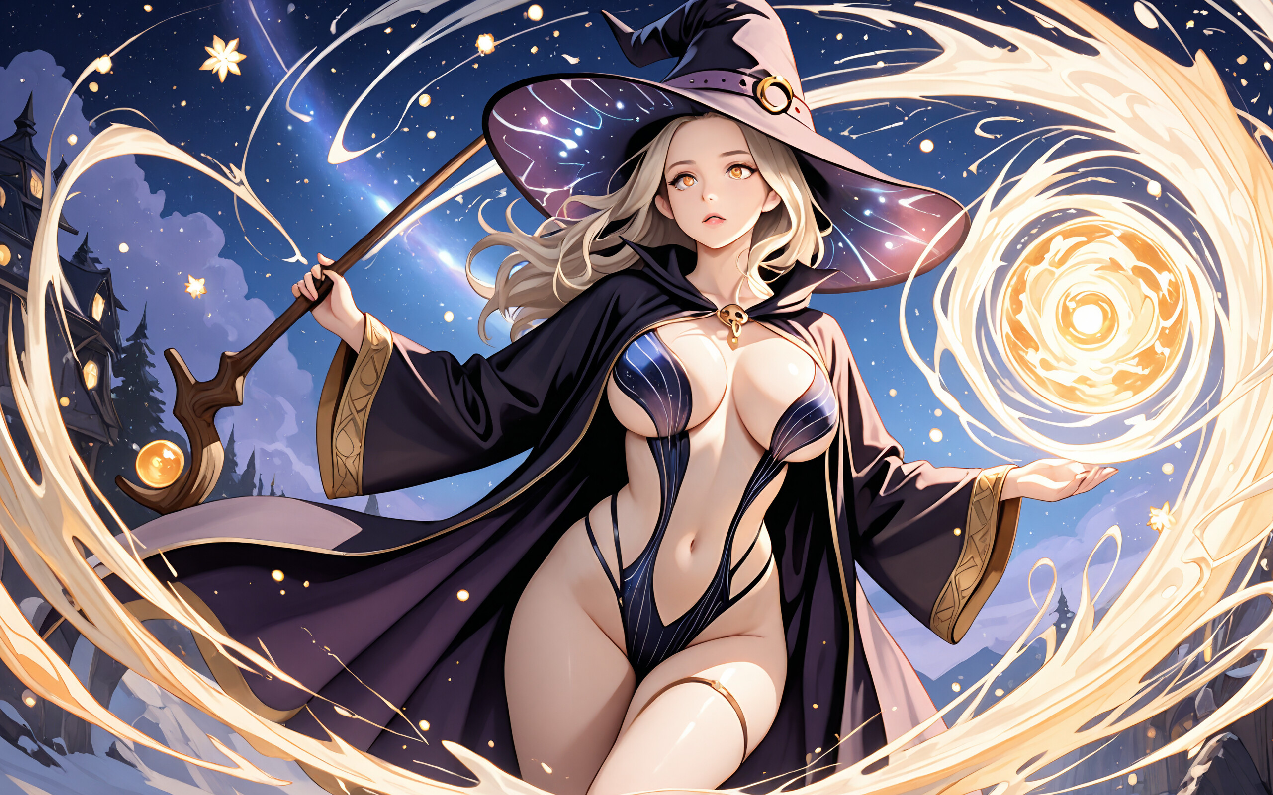 A full-body illustration of a curvy anime sorceress with long blonde hair and a large witch hat, wearing a revealing dark blue outfit and conjuring a ball of fire in a temple under a starlit sky.